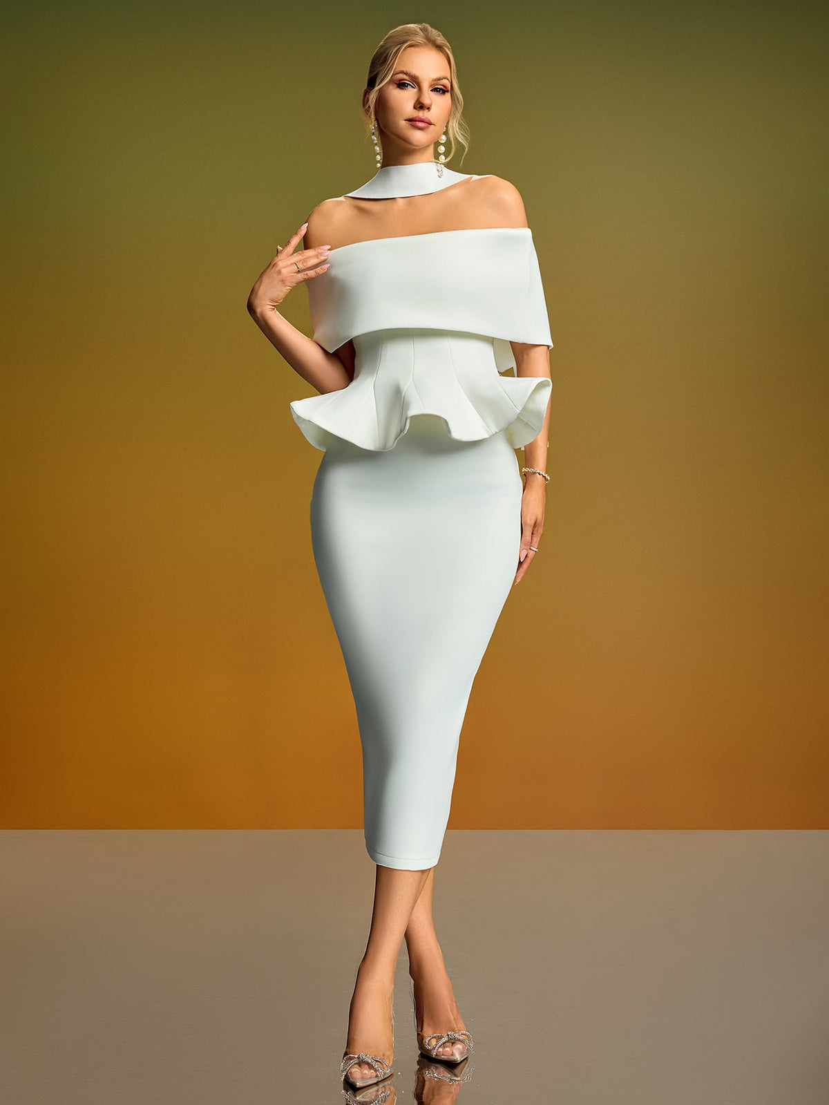 Off-Shoulder Ruffle Skirt Suit, front full-length view