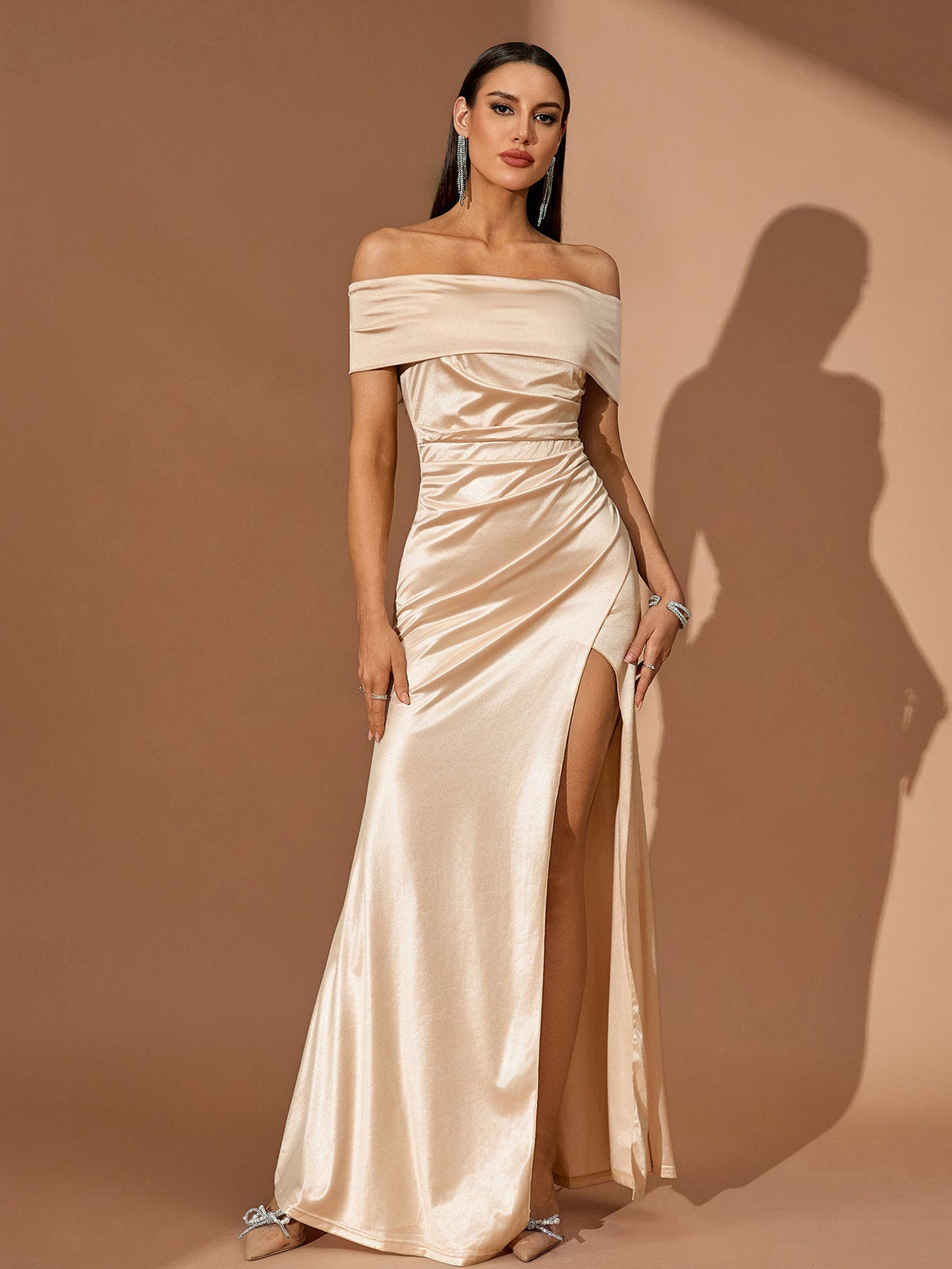 Off-Shoulder Satin High-Slit Maxi Dress, front view