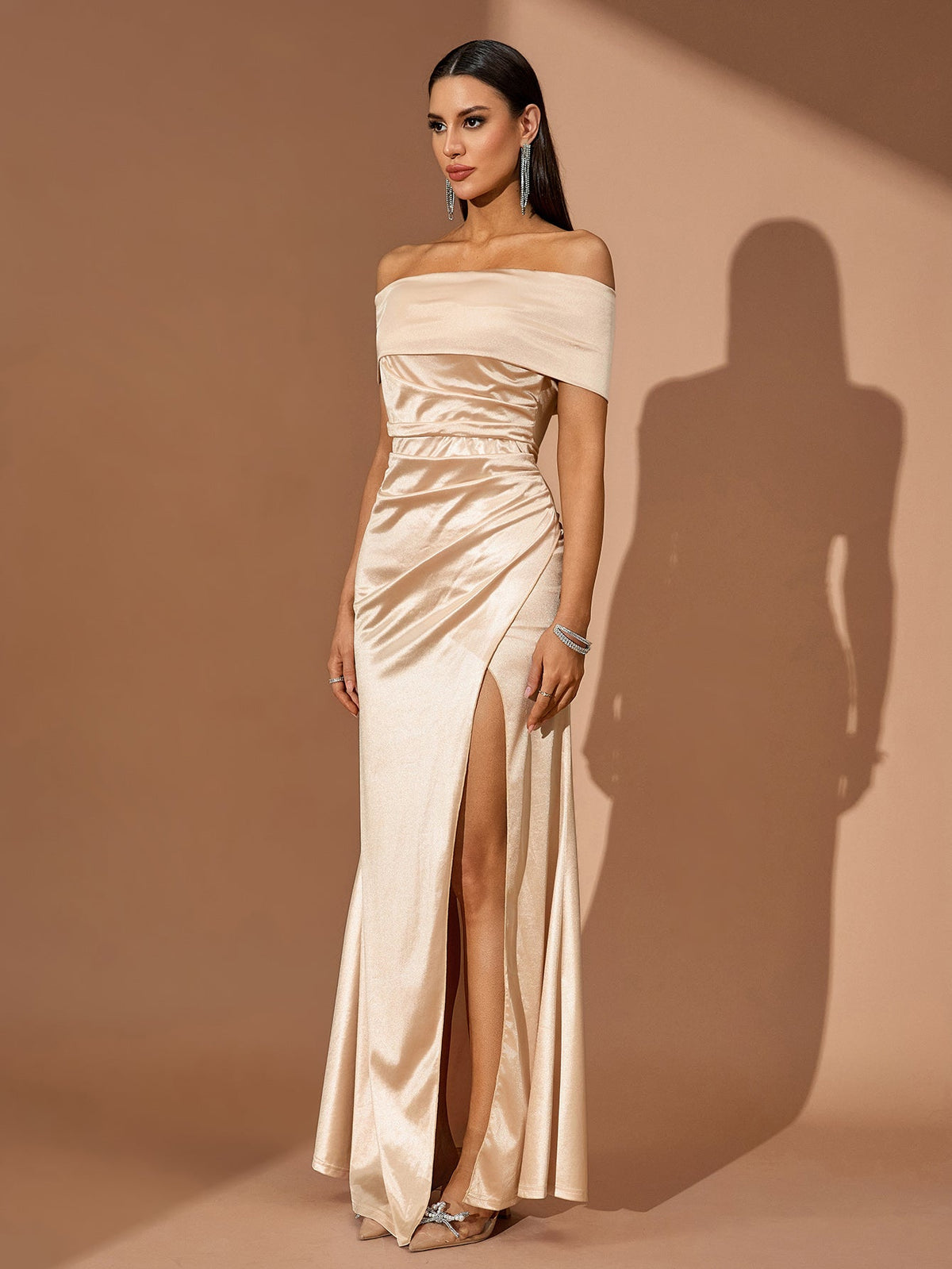 Off-Shoulder Satin High-Slit Maxi Dress, full-length styling view
