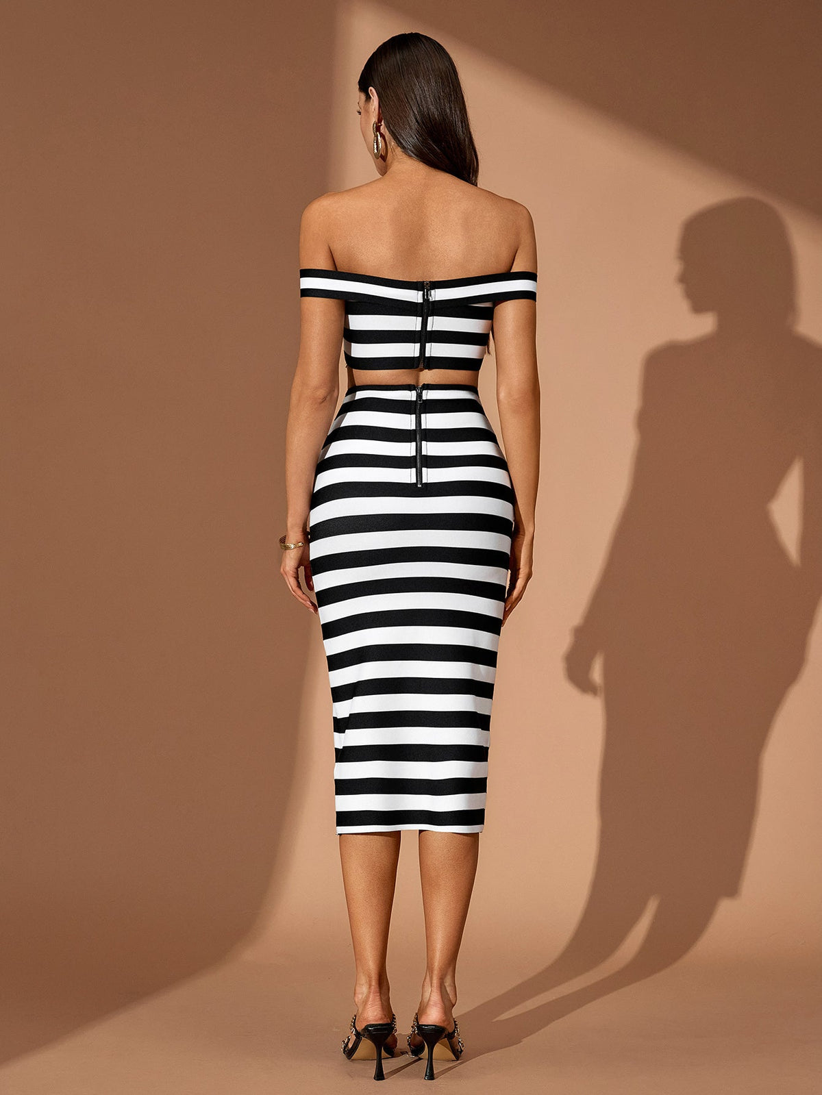Off-Shoulder Striped Crop Top Midi Skirt Set, back view