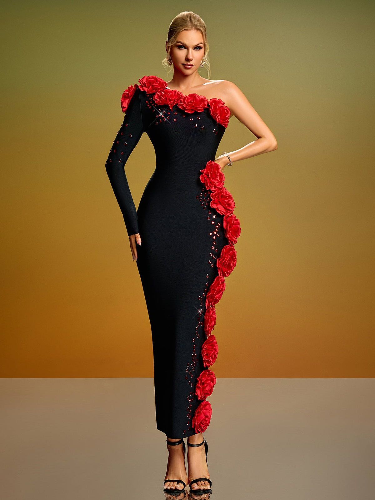One-Shoulder 3D Flower Crystal Bandage Dress, front view