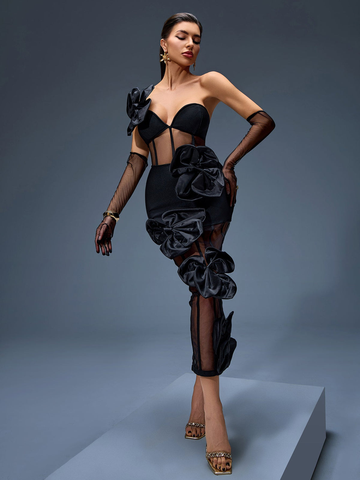 One-Shoulder Bow Floral Mesh Dress, front view