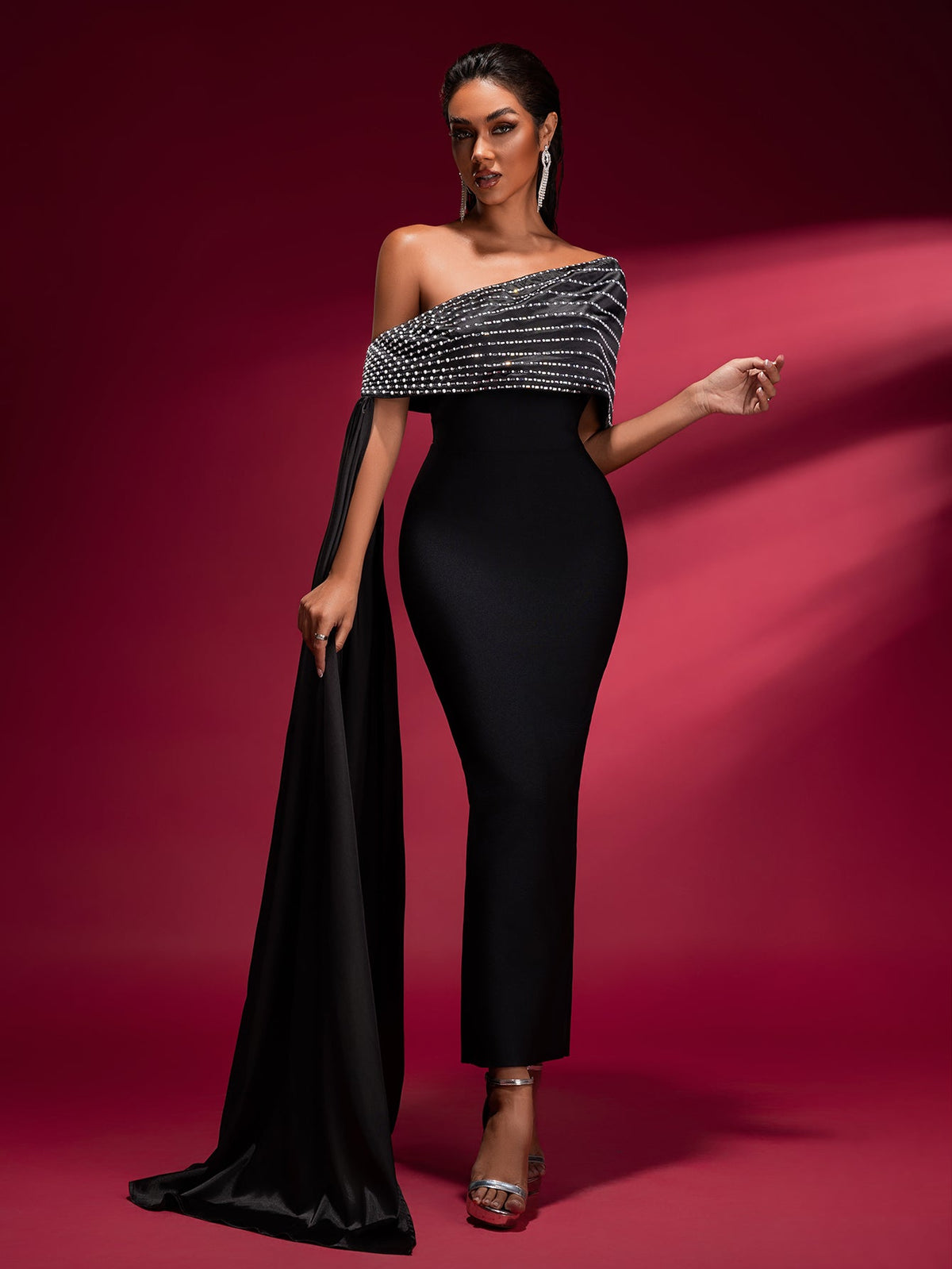 One-Shoulder Chain Bandage Maxi Dress, front view
