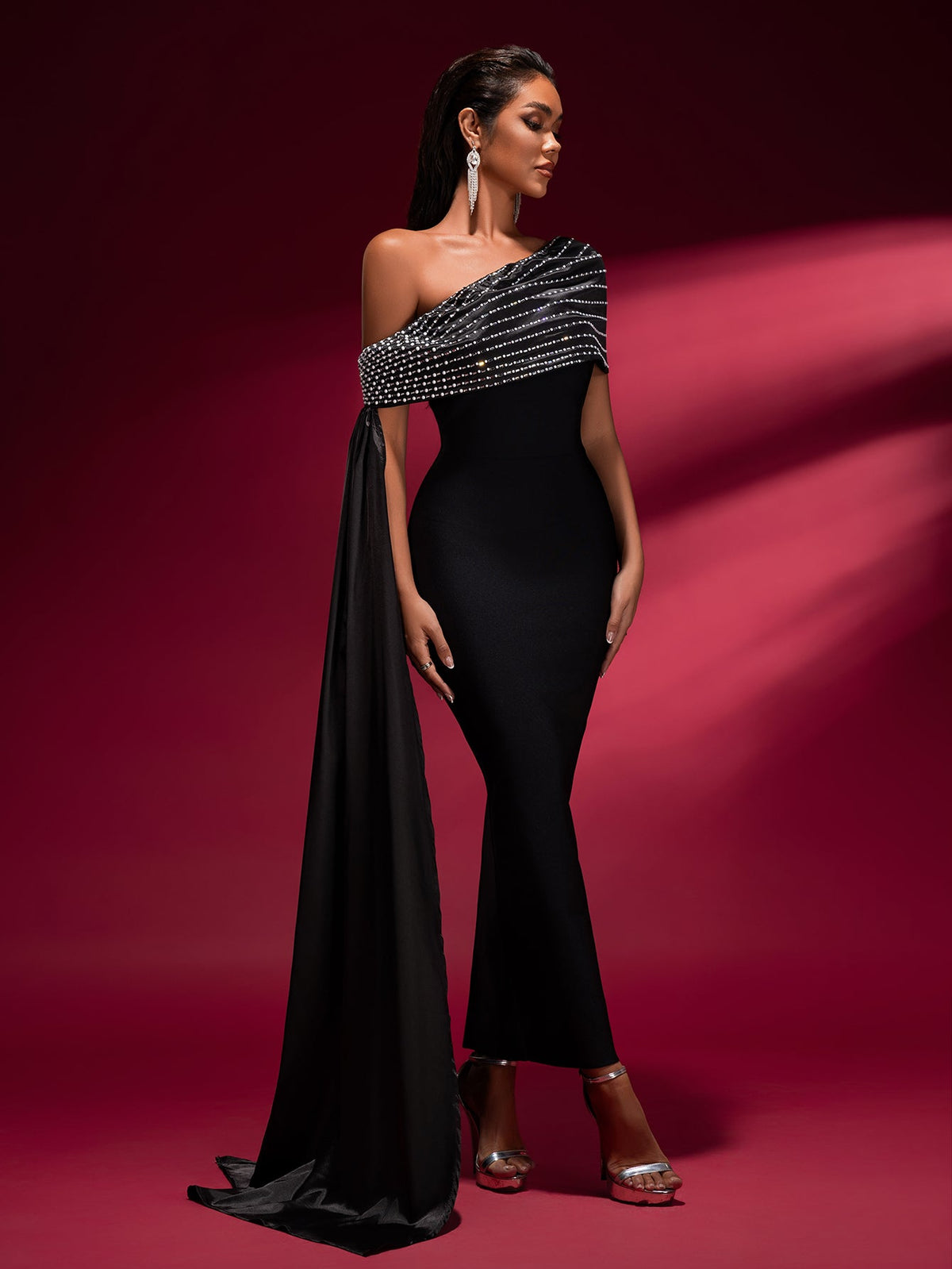 One-Shoulder Chain Bandage Maxi Dress, back view