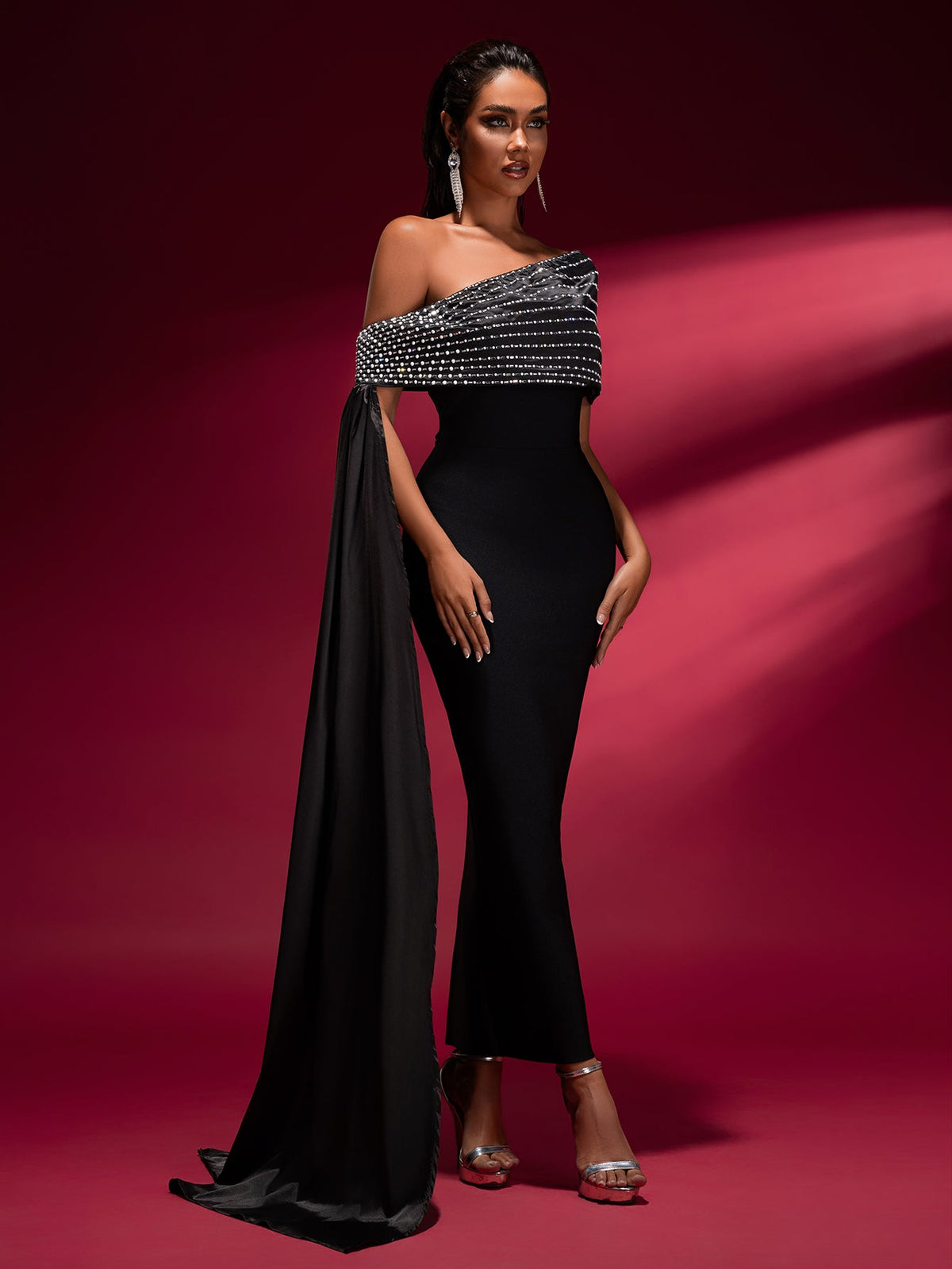 One-Shoulder Chain Bandage Maxi Dress, back detail view