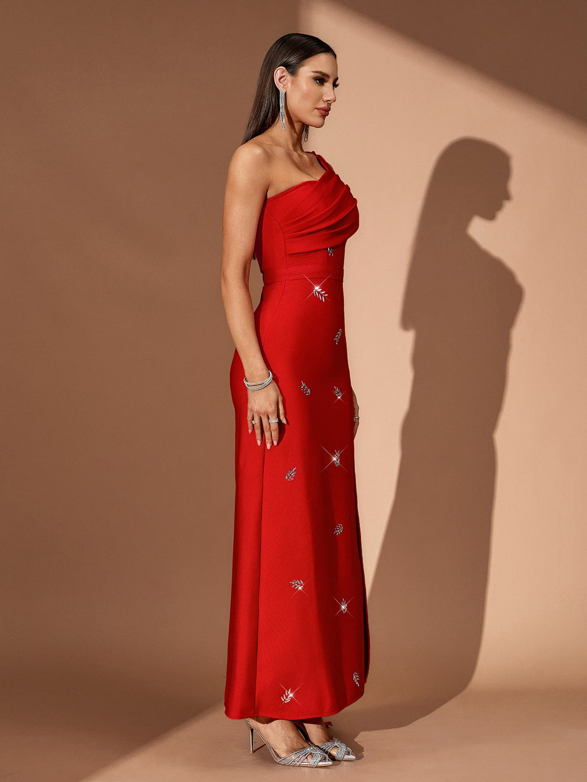 One-Shoulder Crystal High-Slit Bandage Maxi Dress, three-quarter view