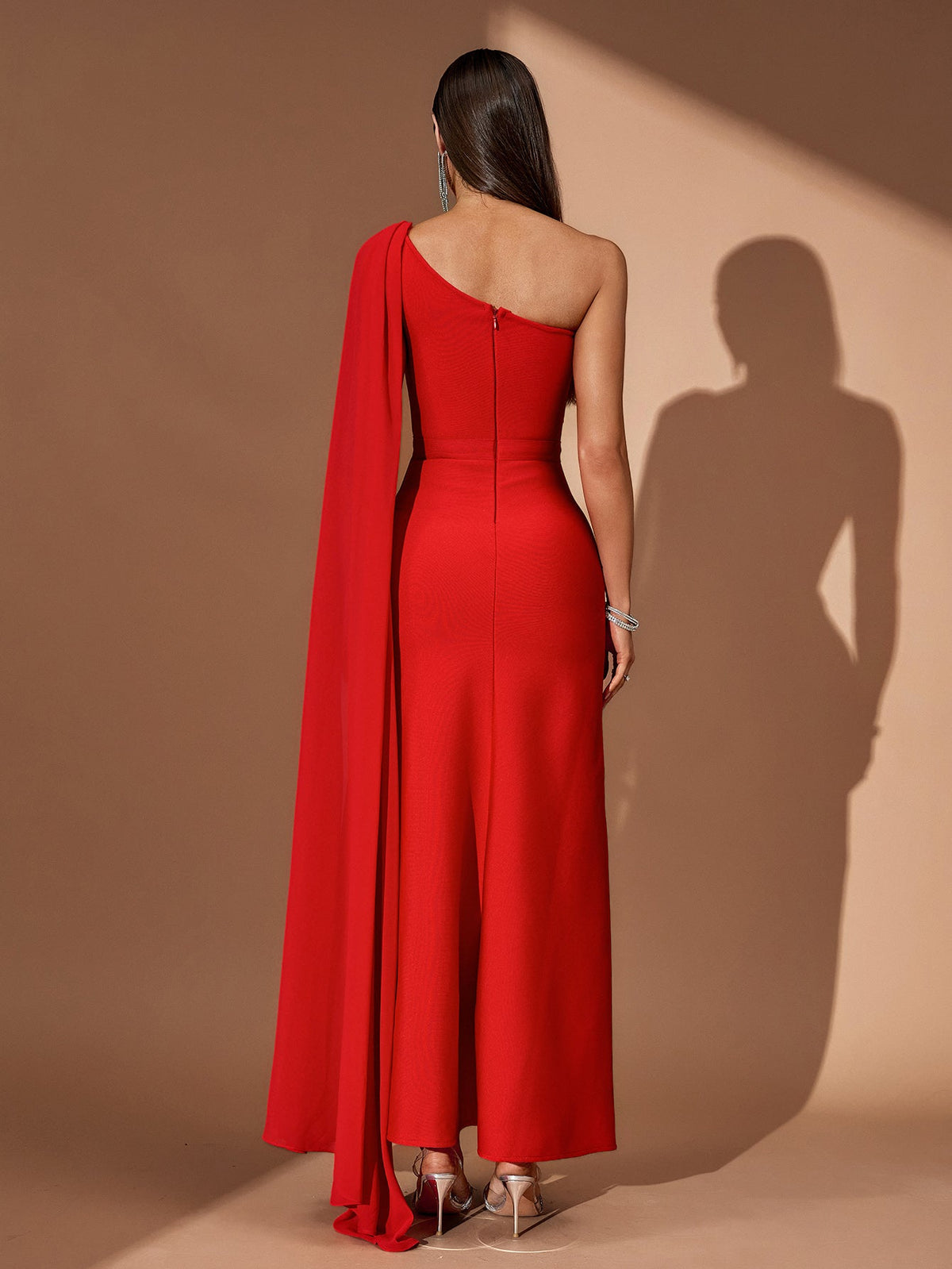 One-Shoulder Crystal High-Slit Bandage Maxi Dress, back view