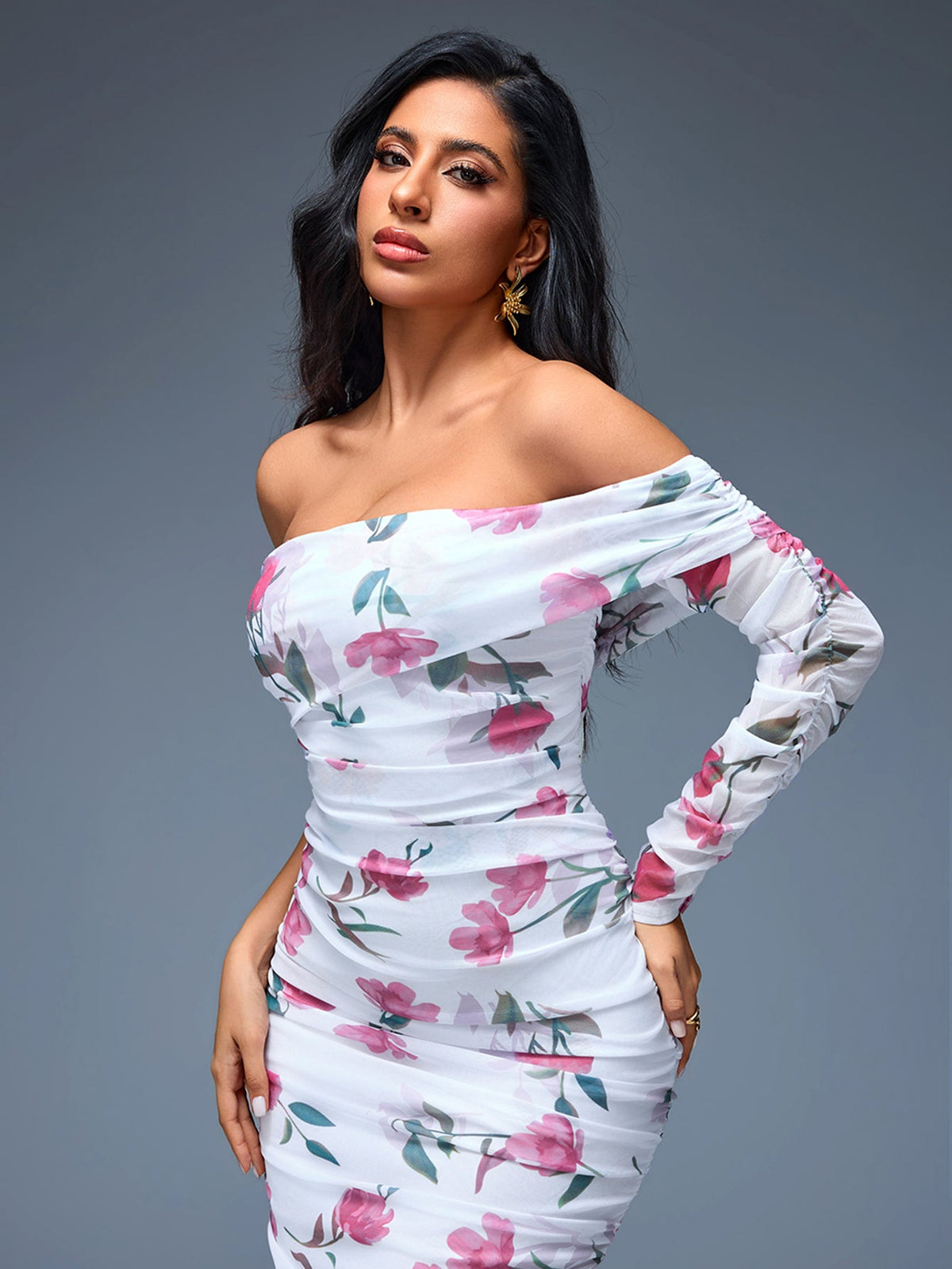 One-Shoulder Floral Ruched Midi Dress, detail view