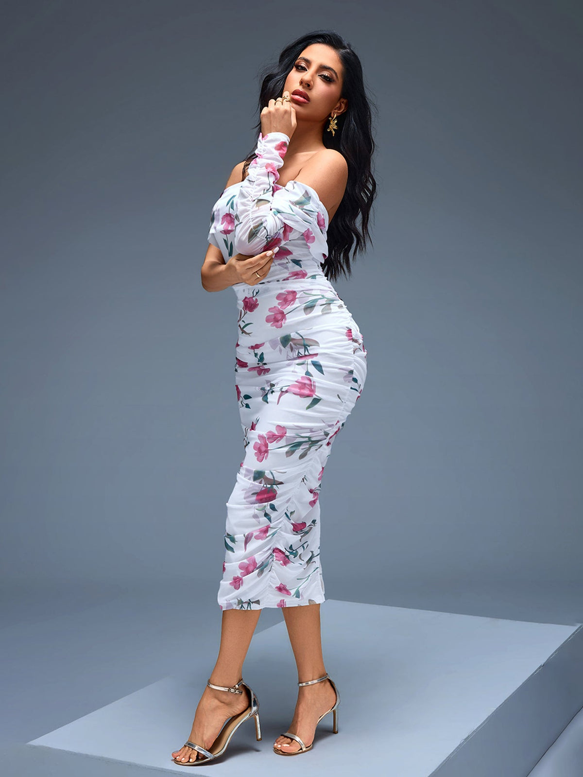 One-Shoulder Floral Ruched Midi Dress, front full-length view