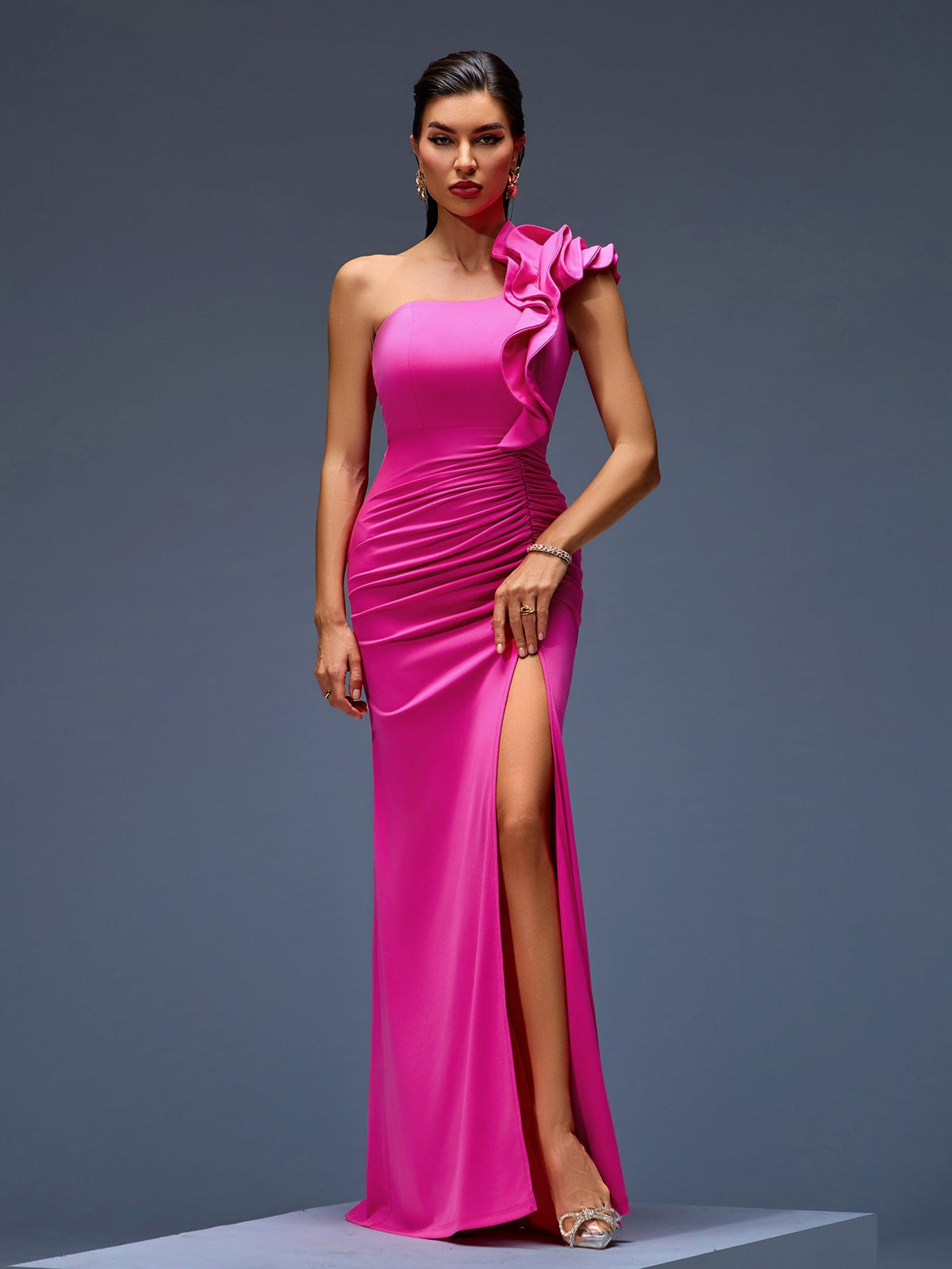 One-Shoulder Ruffled Crepe Maxi Gown, side view