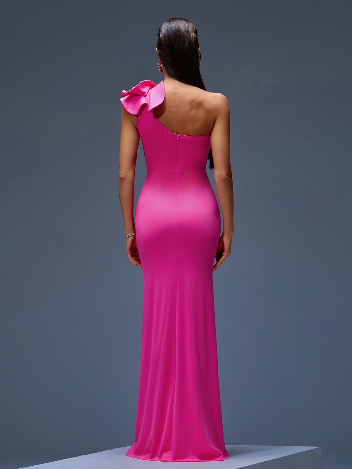 One-Shoulder Ruffled Crepe Maxi Gown, front full-length view