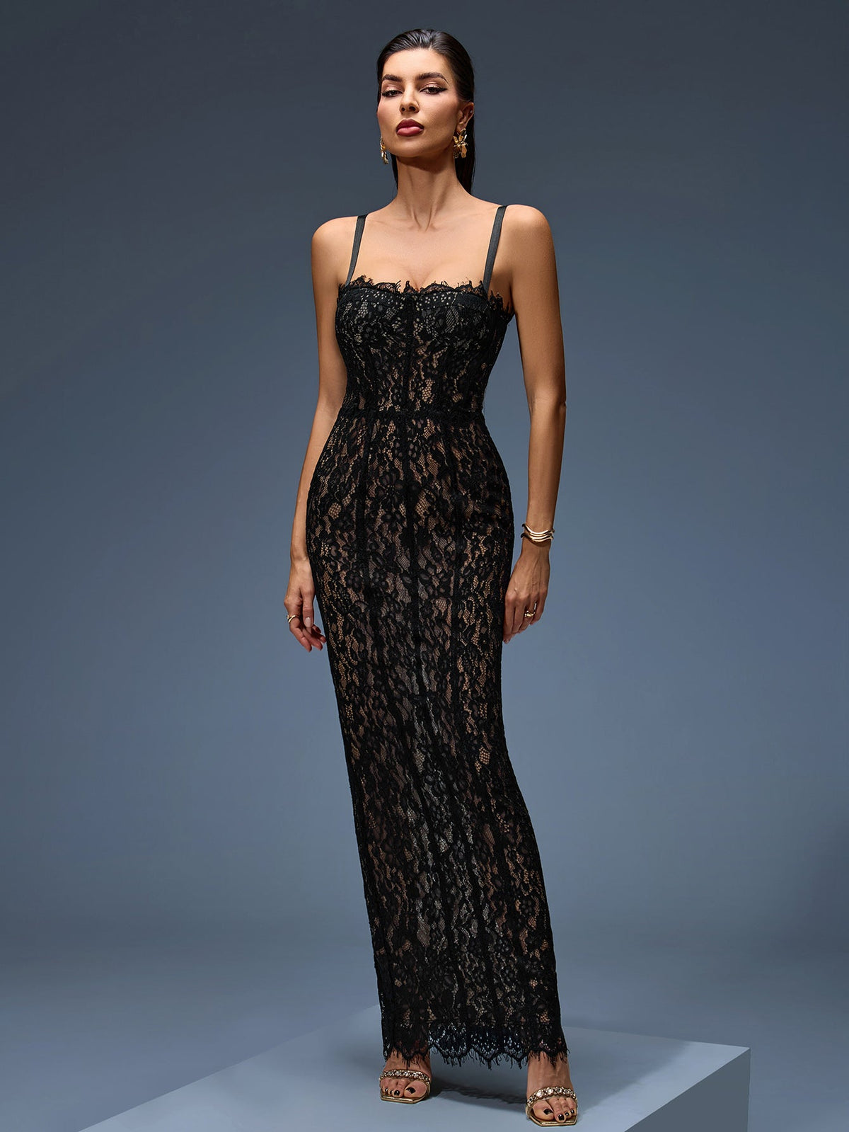 Open-Back Slim-Fit Lace Dress, back detail view