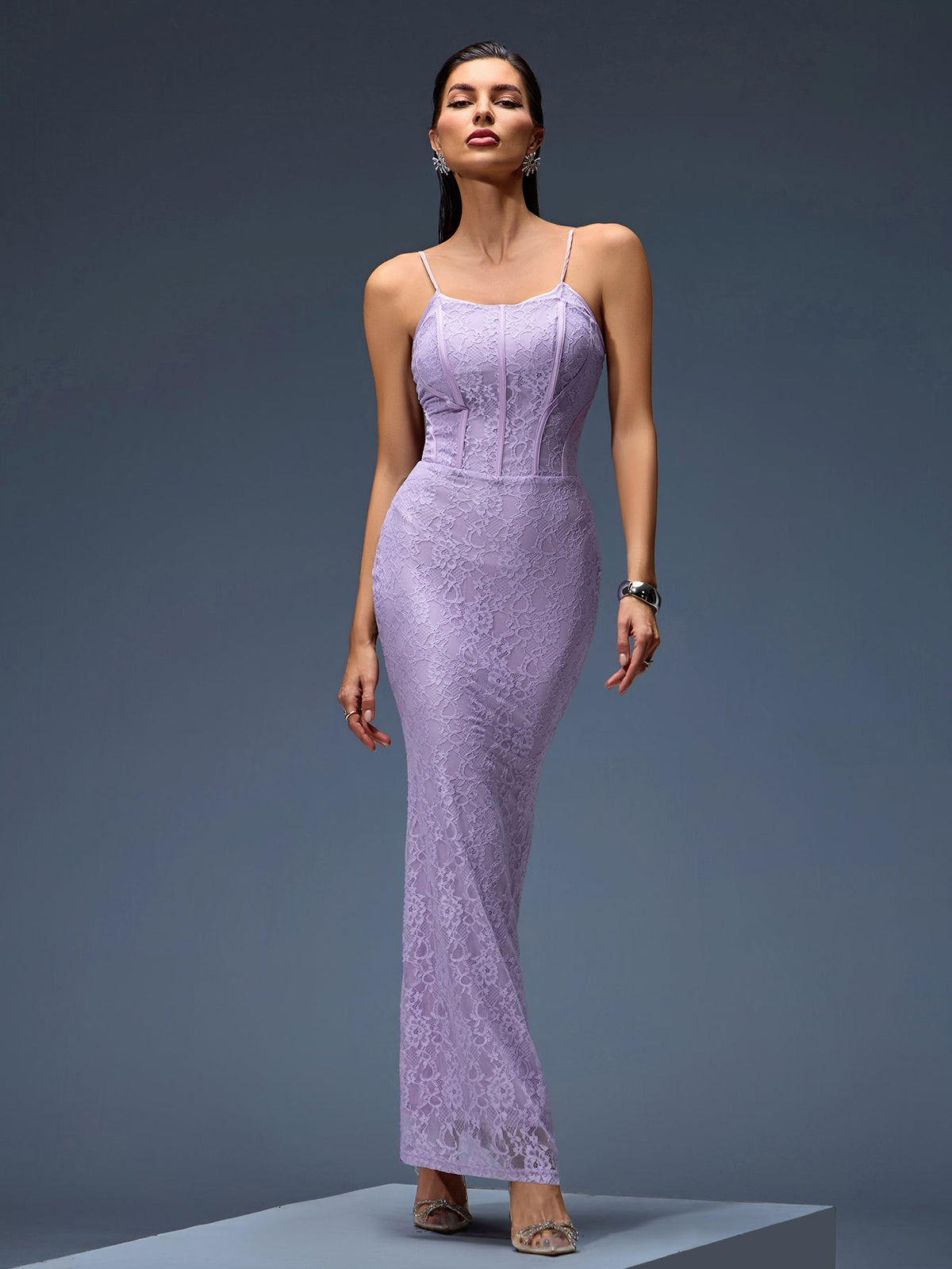Orchid Lace Corset Maxi Dress, front view