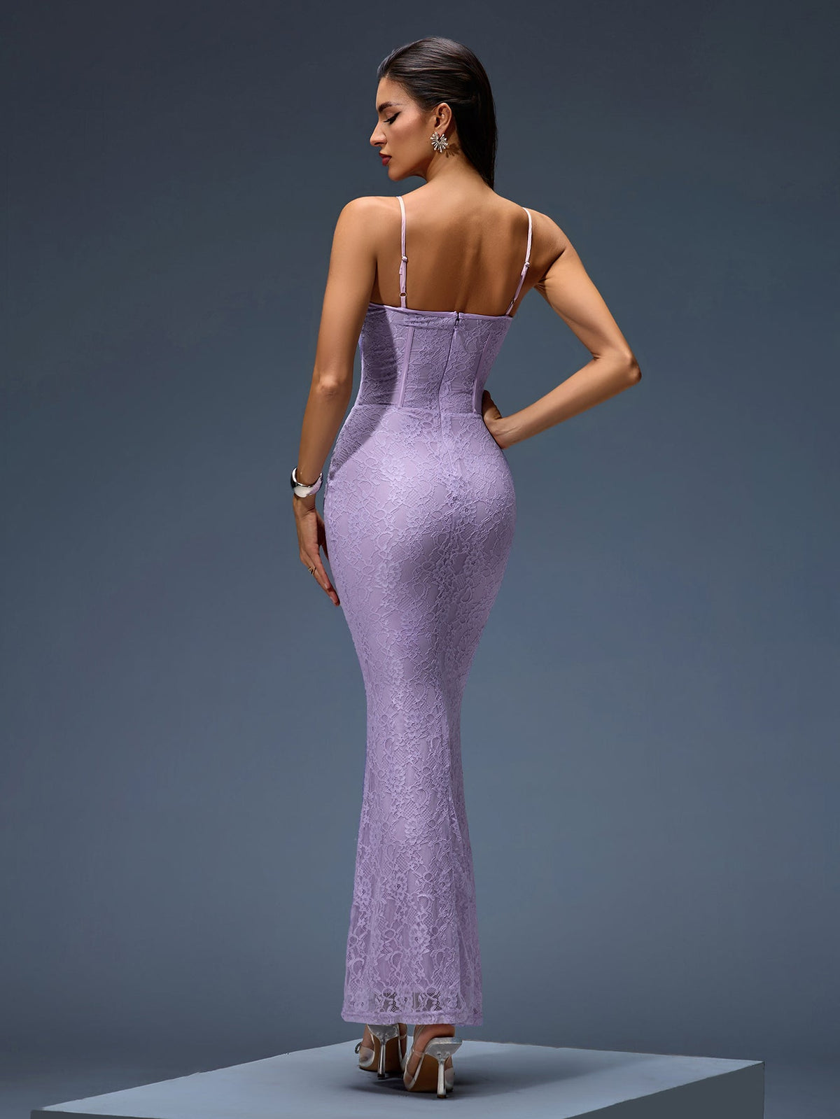 Orchid Lace Corset Maxi Dress, back detail view