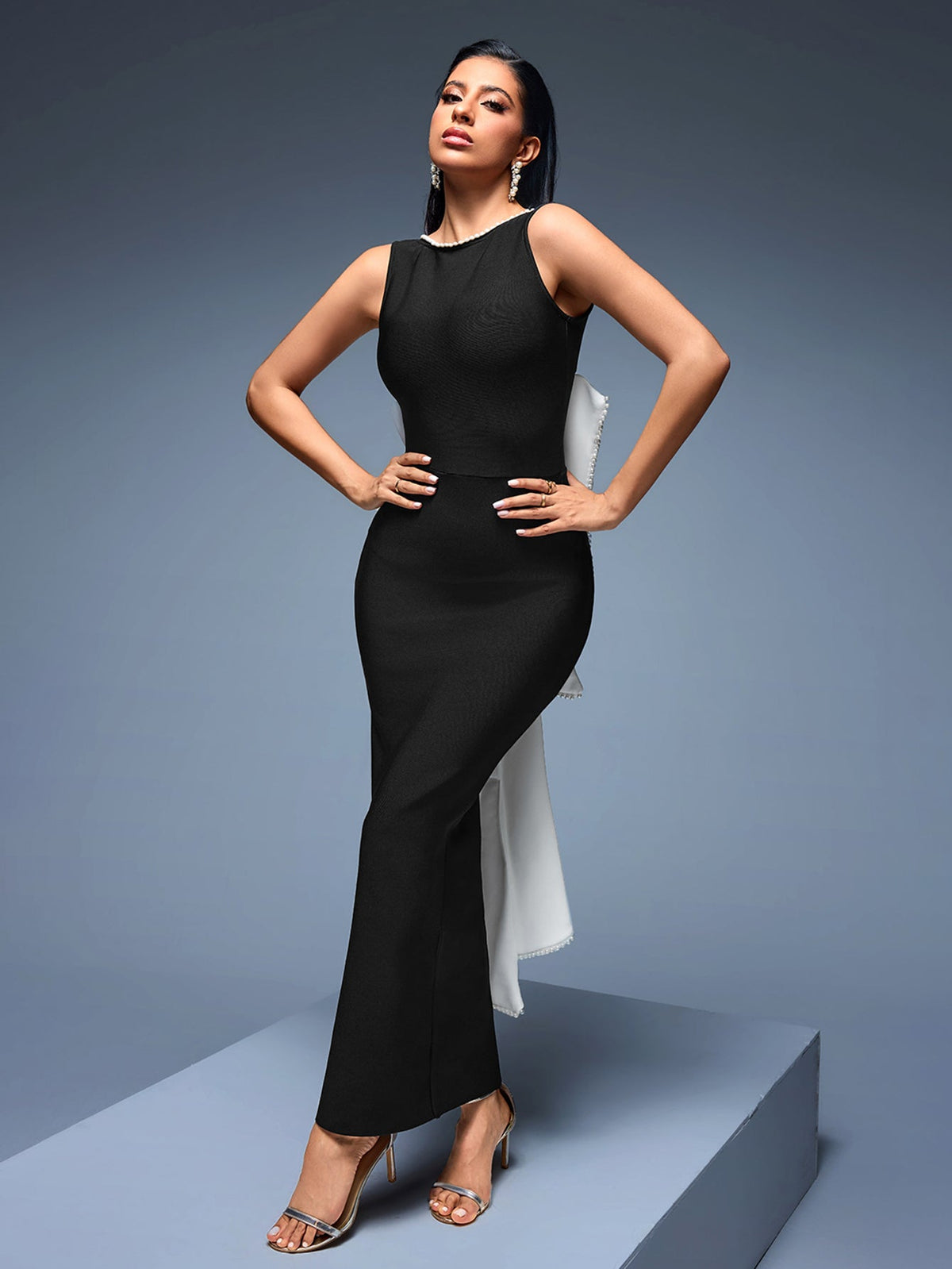 Oversized Bow Open-Back Bandage Maxi Dress, back detail view
