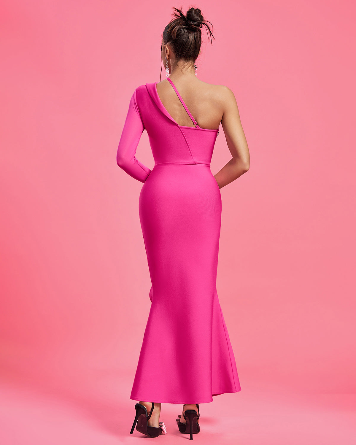 Asymmetric Mesh-Sleeves Maxi Bandage Dress