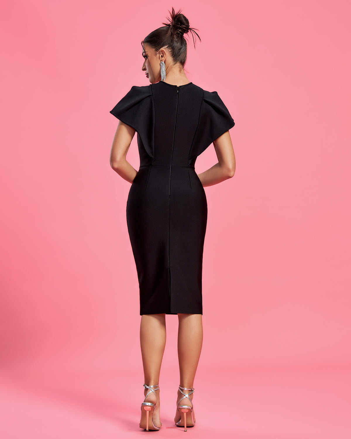 Angel-sleeve Ruffled Midi Bandage Dress