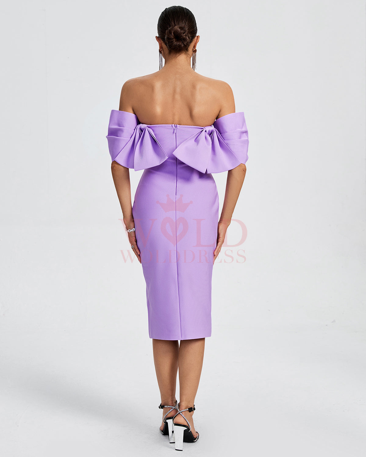 Off Shoulder Bow-Detail Midi Bandage Dress