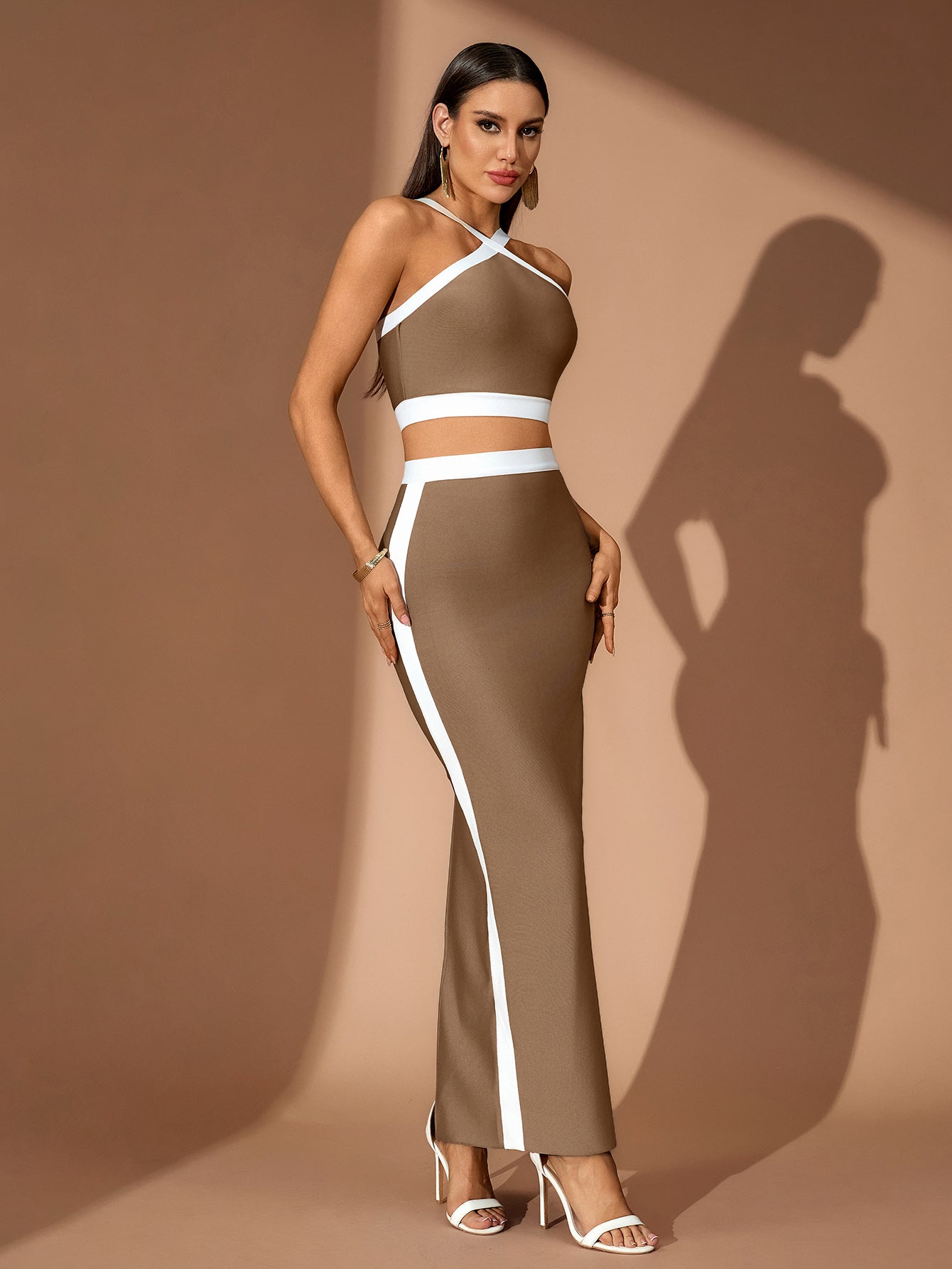 White Striped Patchwork Maxi Bandage Set