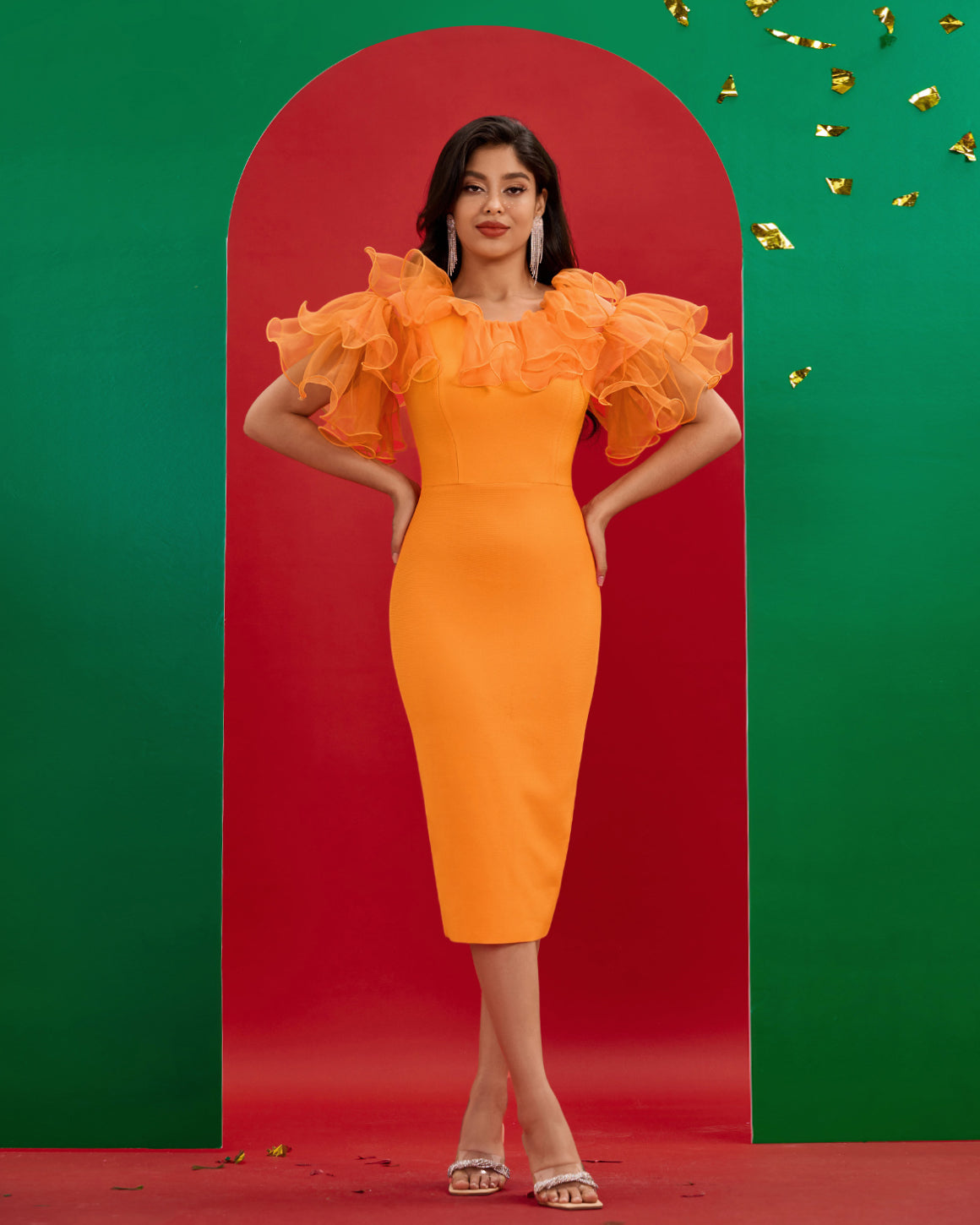 Mesh Fluffy Sleeve Midi Bandage Dress