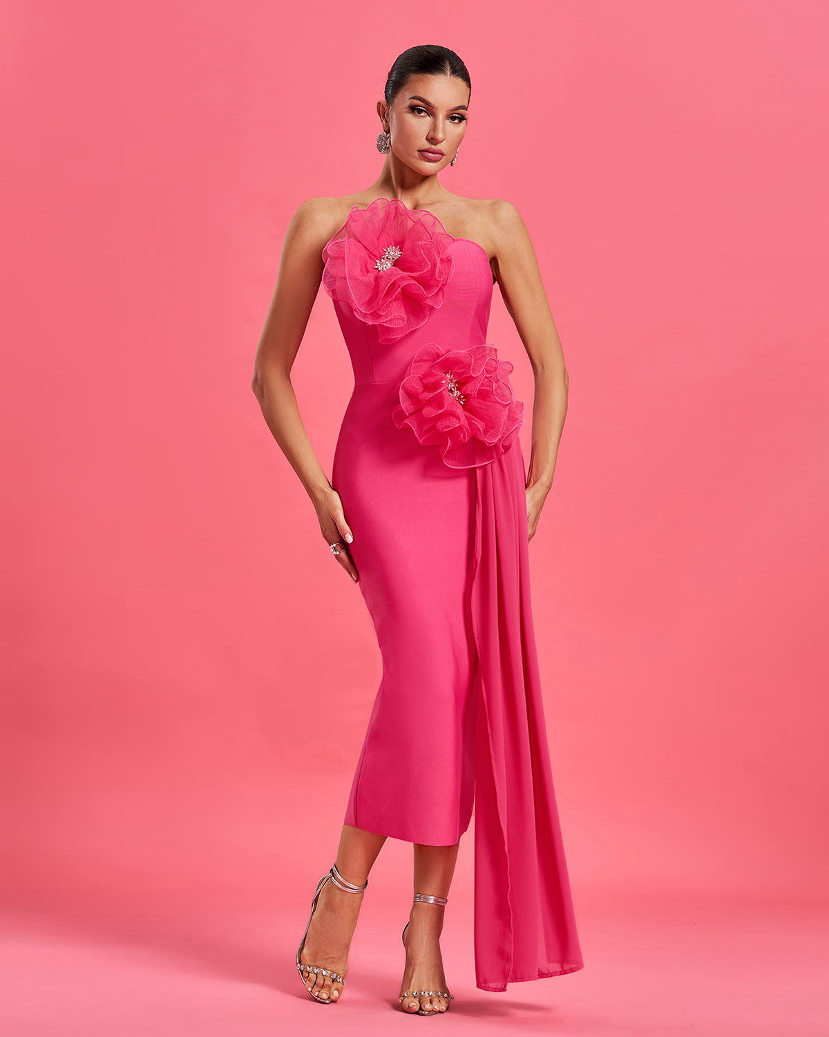 Huge Flowers Draped Bandage Midi Dress