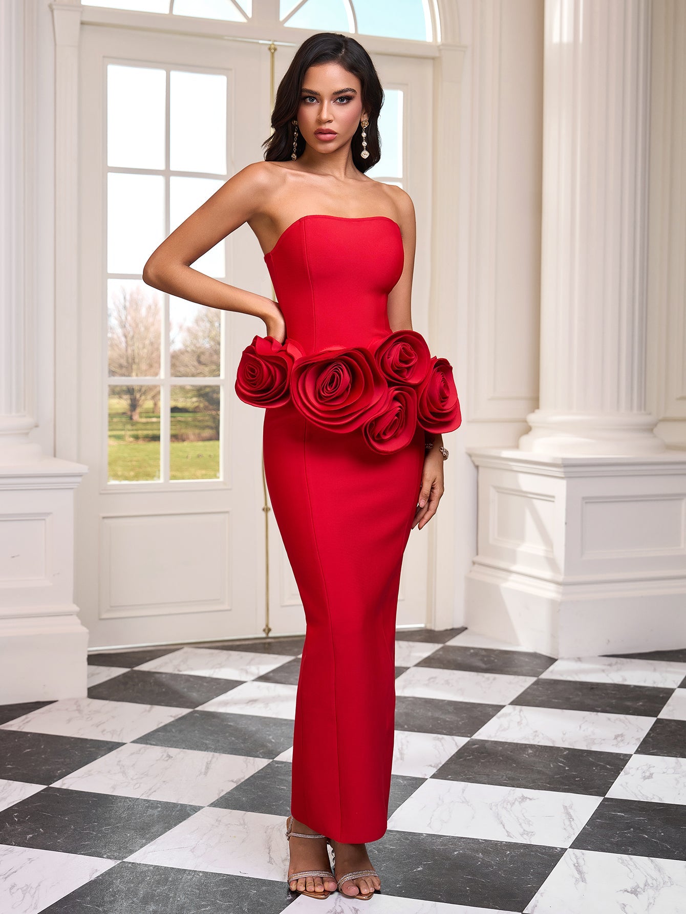 Strapless Roses Floral Bandage Dress