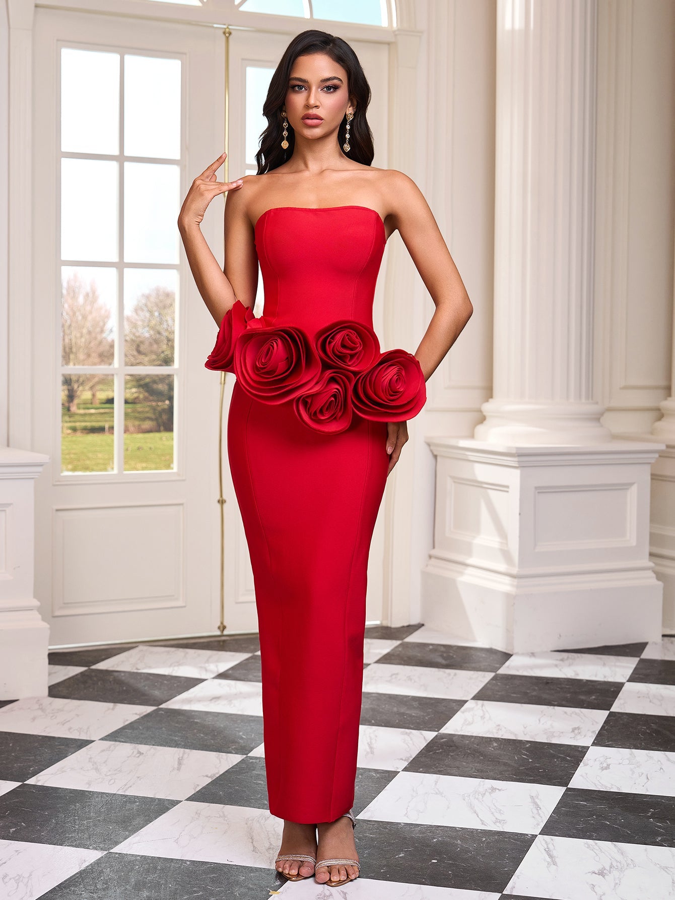 Strapless Roses Floral Bandage Dress