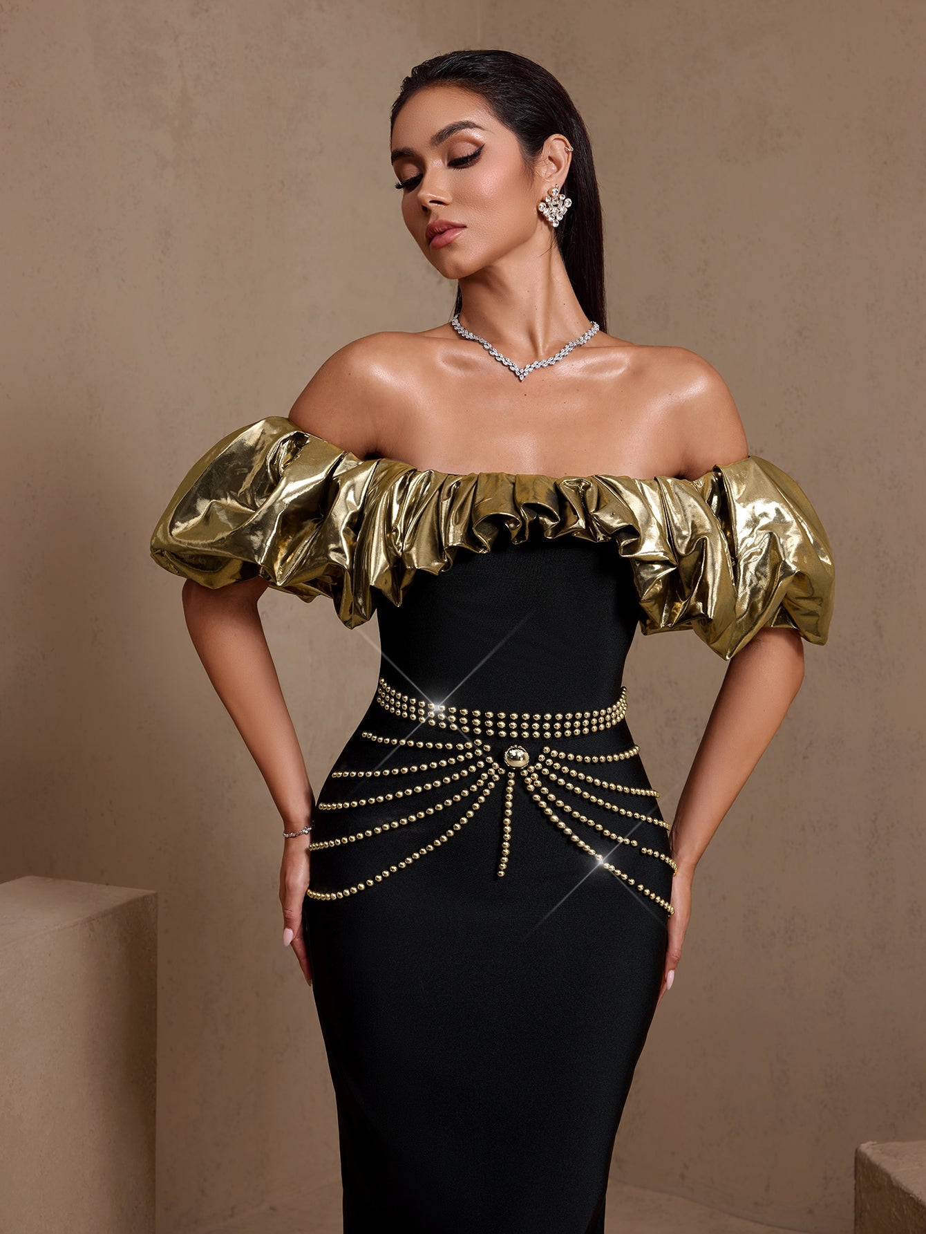 Gold-Ruffled Nail Bead Bandage Dress