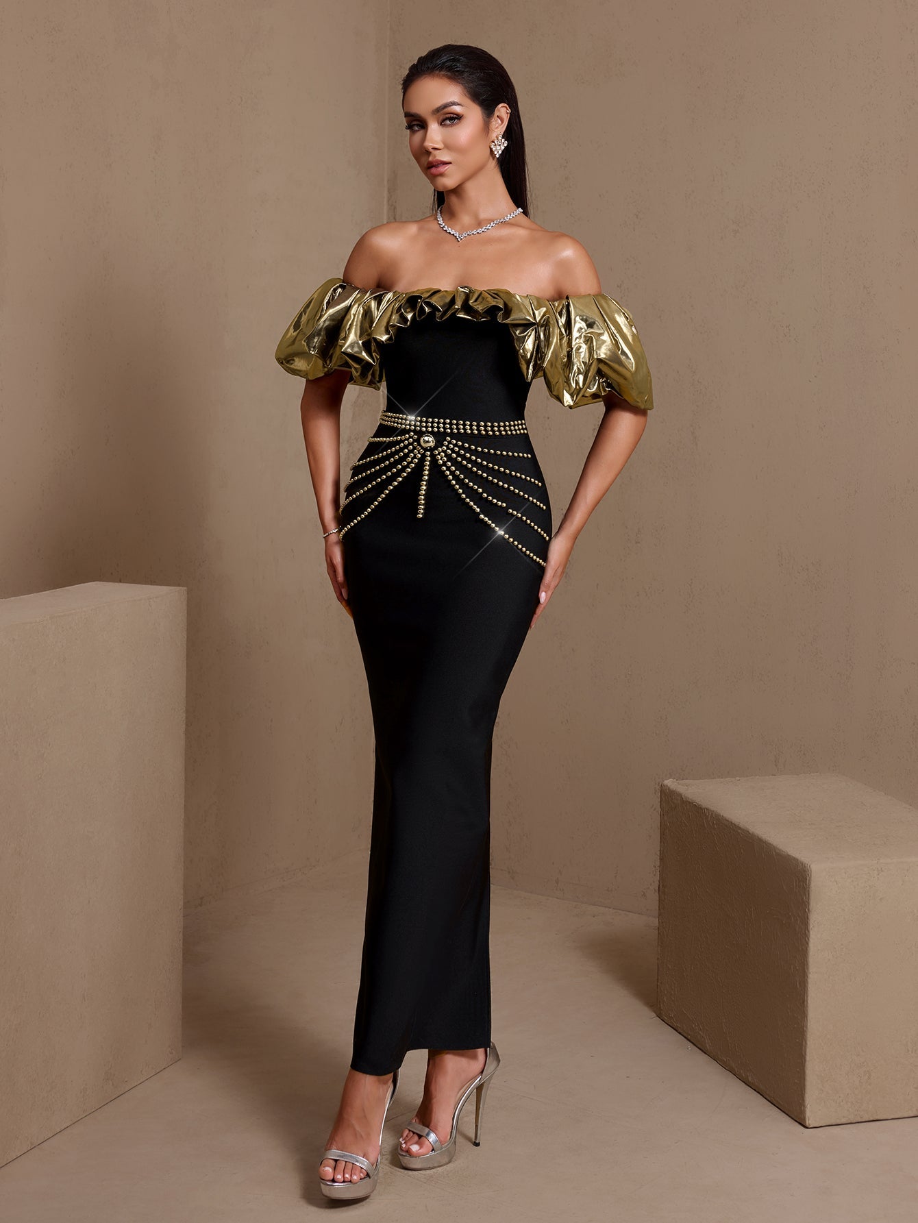 Gold-Ruffled Nail Bead Bandage Dress