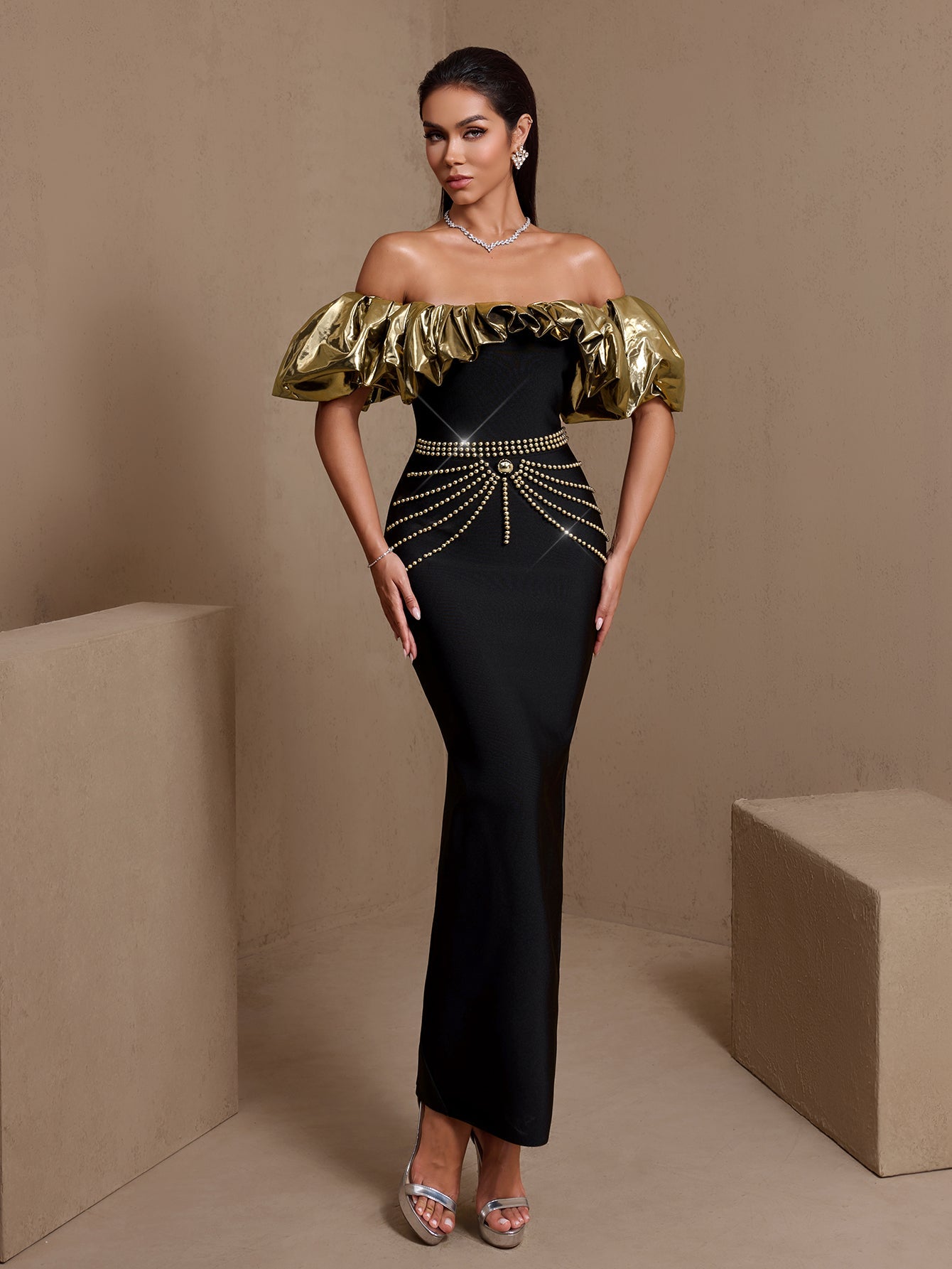 Gold-Ruffled Nail Bead Bandage Dress