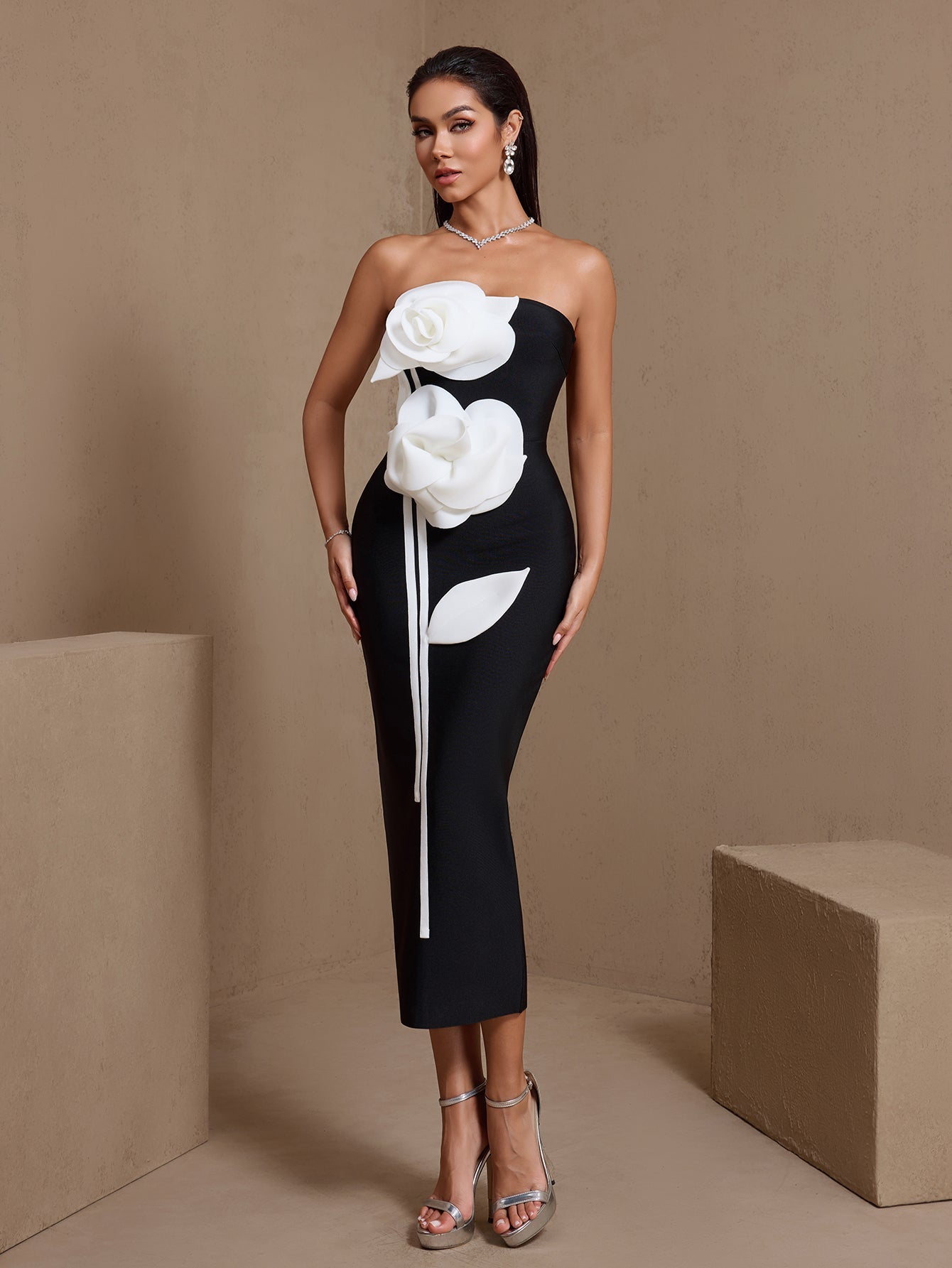 White Floral Applique Strapless Bandage Dress
