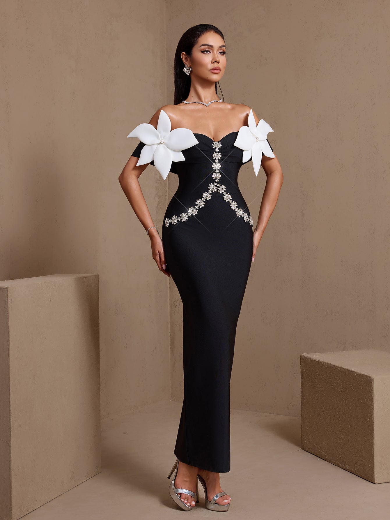 Off Shoulder Flower Crystal Bandage Dress