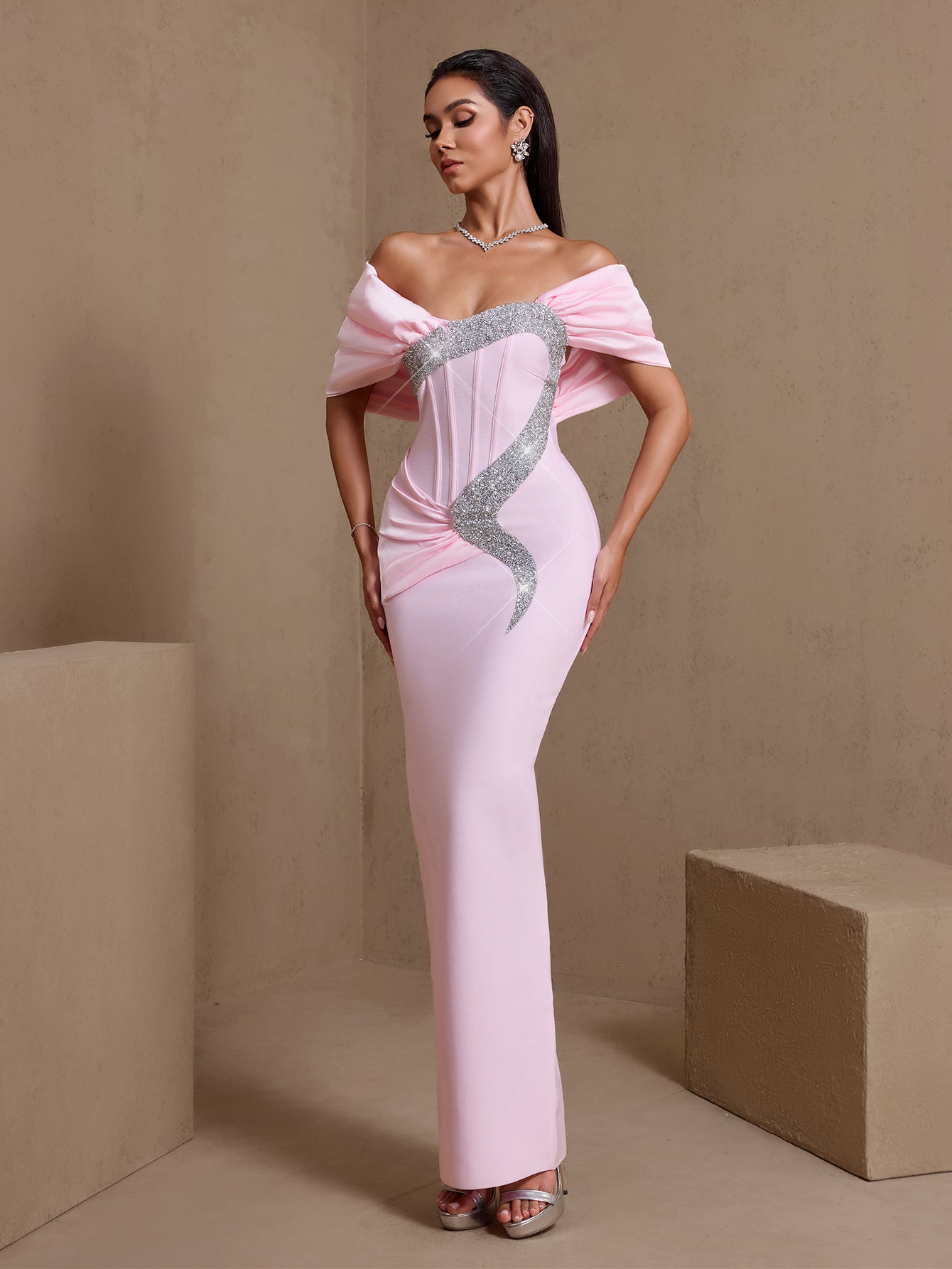 Off Shoulder Rhinestone Ruched Bandage Dress