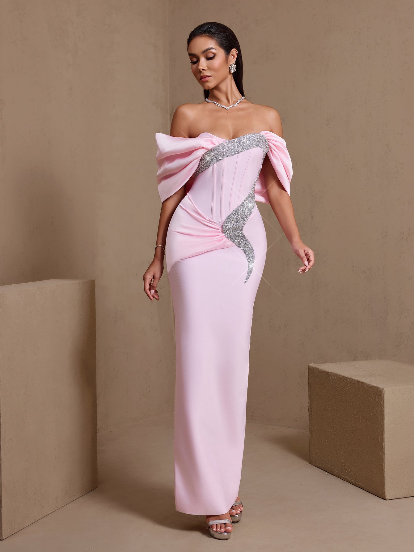 Off Shoulder Rhinestone Ruched Bandage Dress