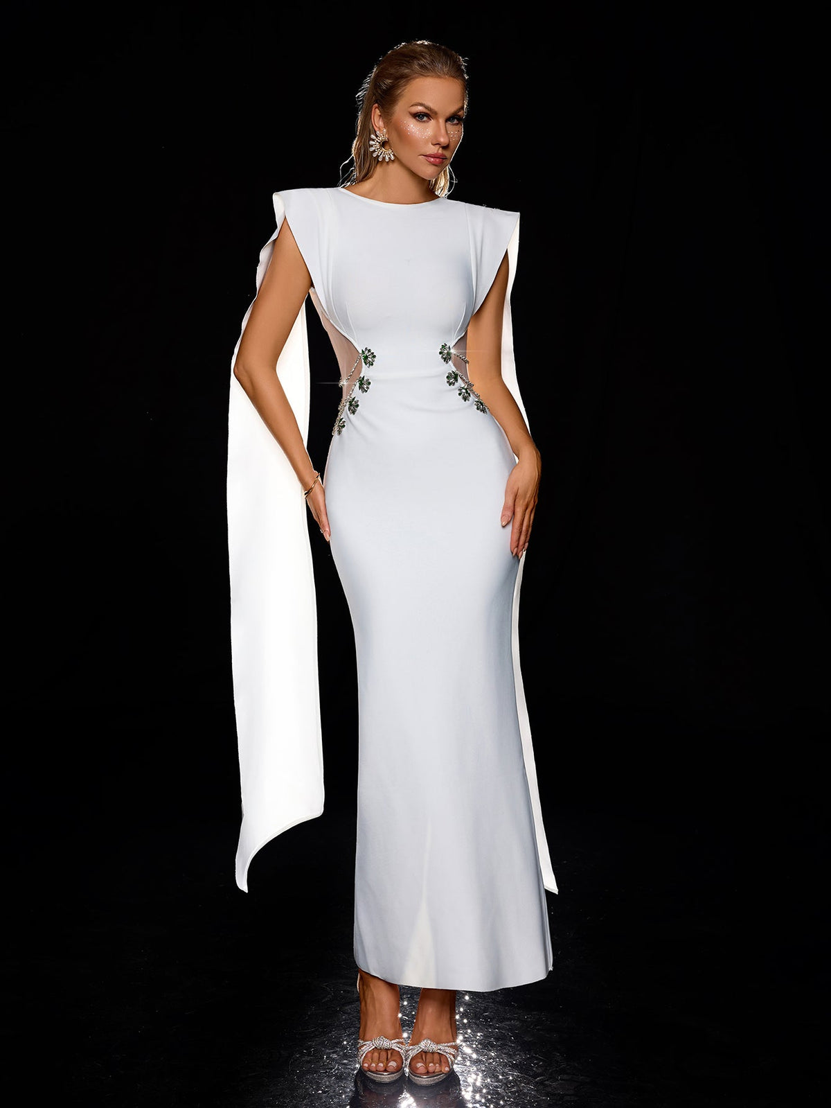 White party cutout mesh maxi dress, three-quarter front view