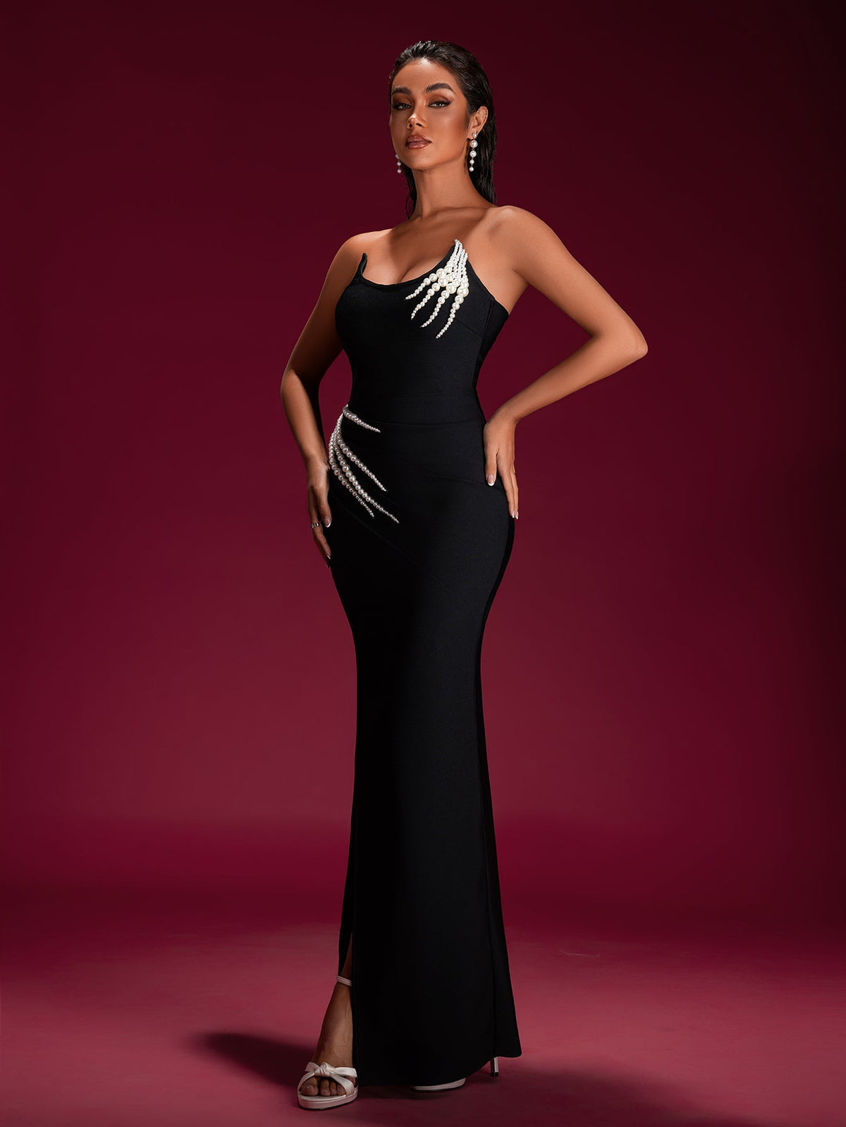 Pearl Detail High-Slit Bandage Dress, detail view
