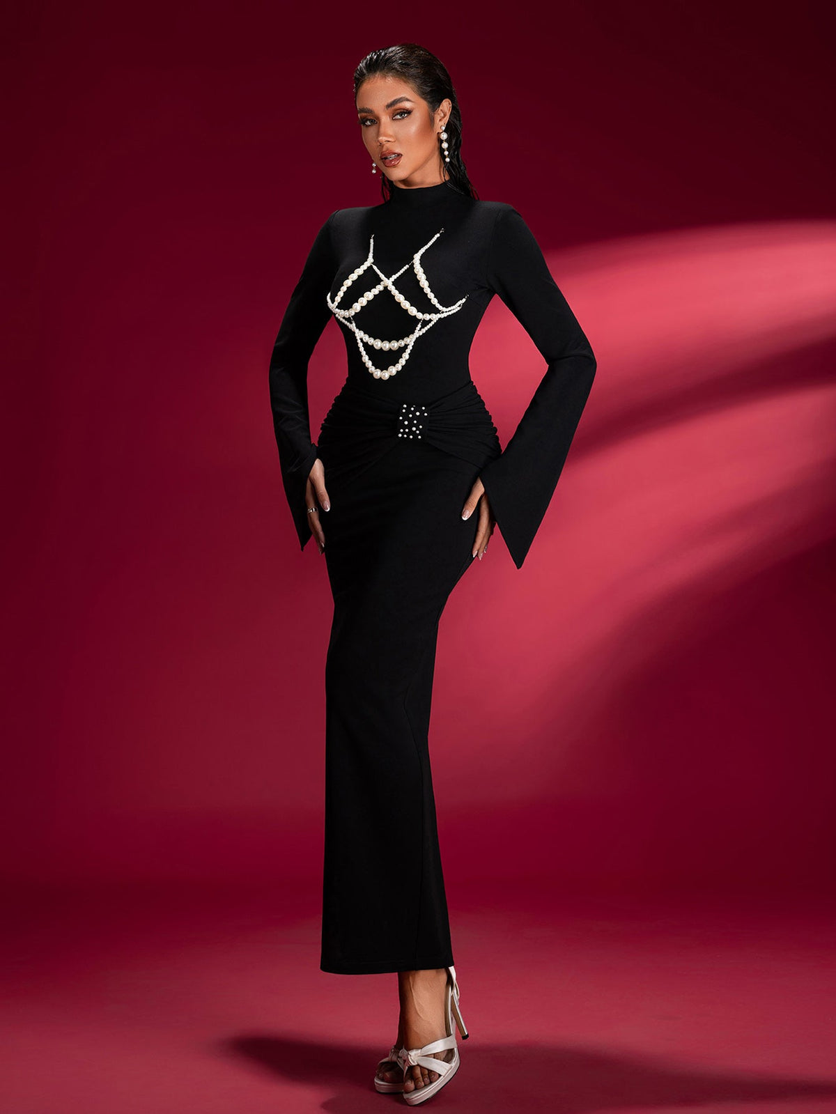 Pearl Embellished Knit Bodycon Maxi Dress, front full-length view