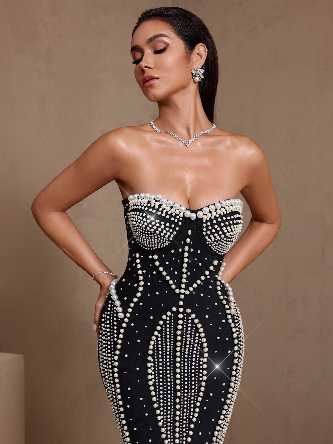 Black pearl-embellished strapless mermaid bandage midi dress, full-length front view