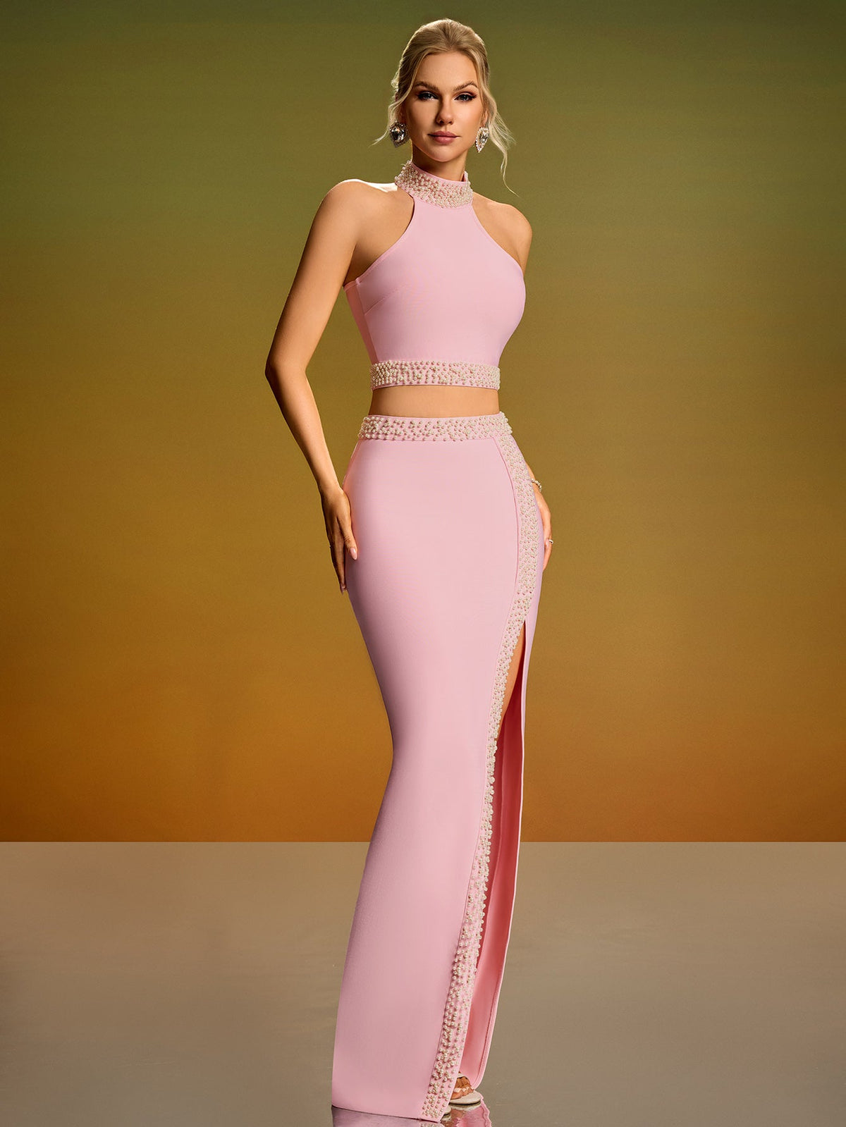 Pearl Embellished Two-Piece Bandage Set, front full-length view