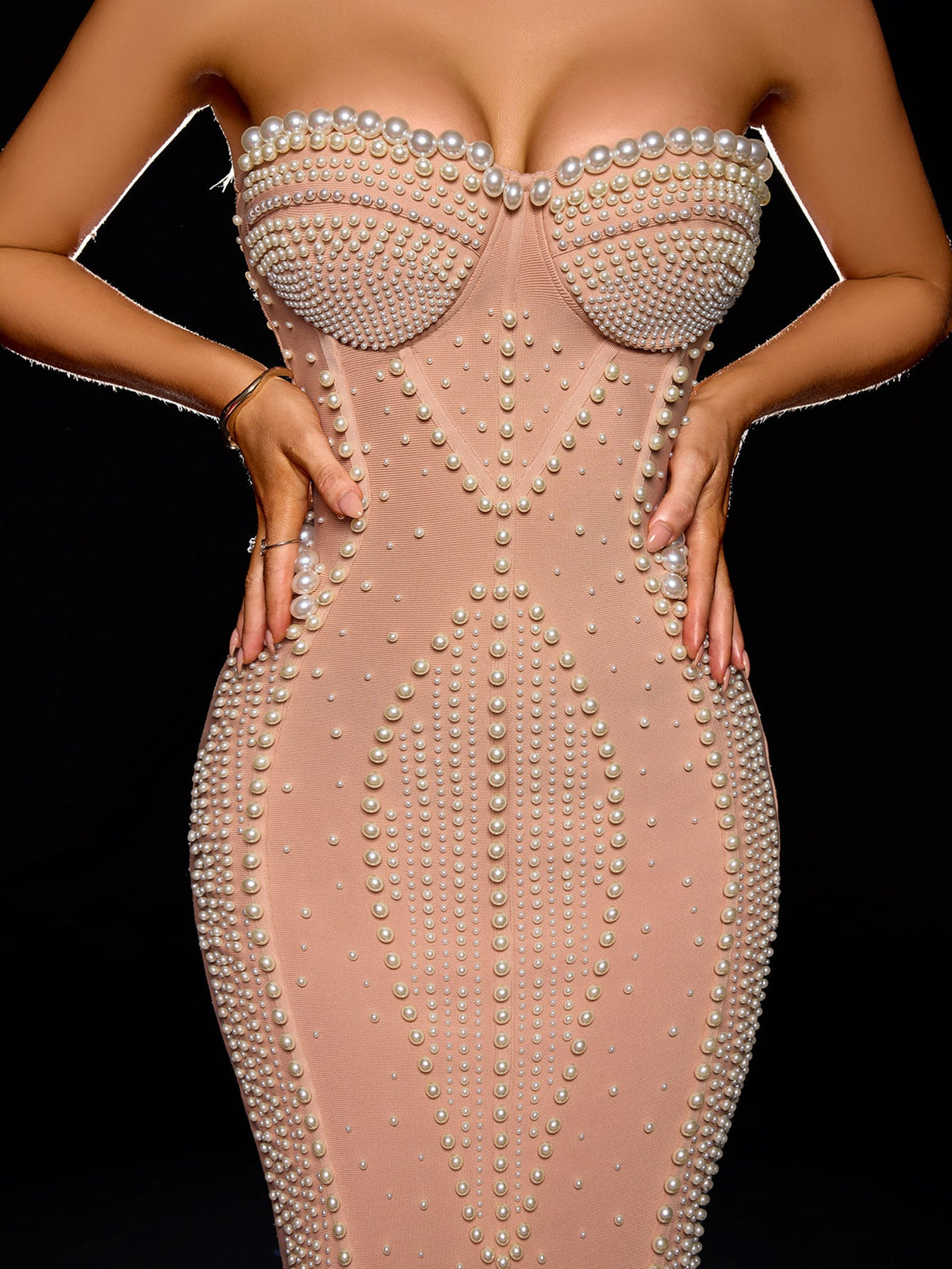Beige pearl strapless pleated-hem midi dress, three-quarter front view