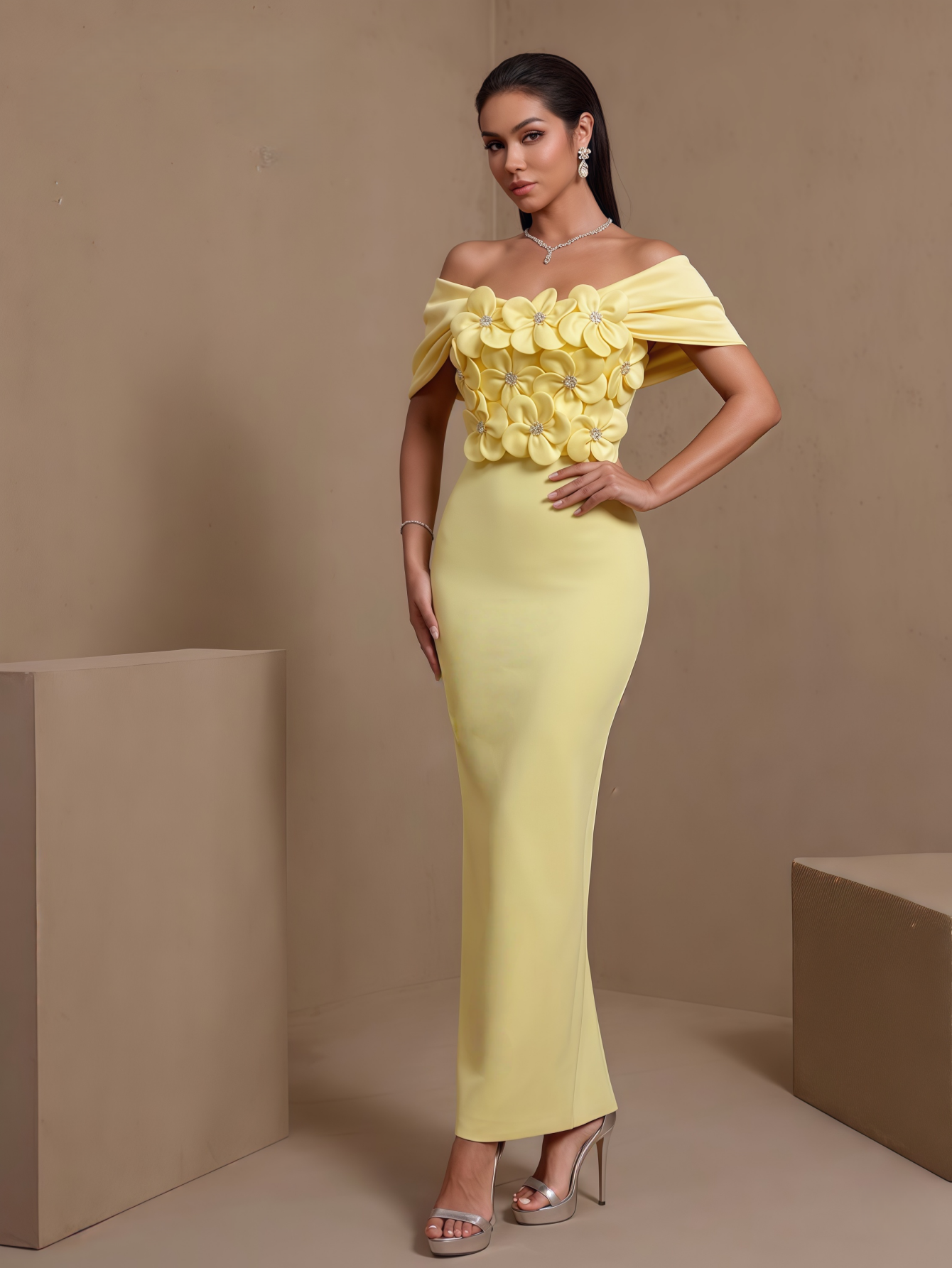 Light Yellow pleated floral off-shoulder bandage maxi dress, angled front view