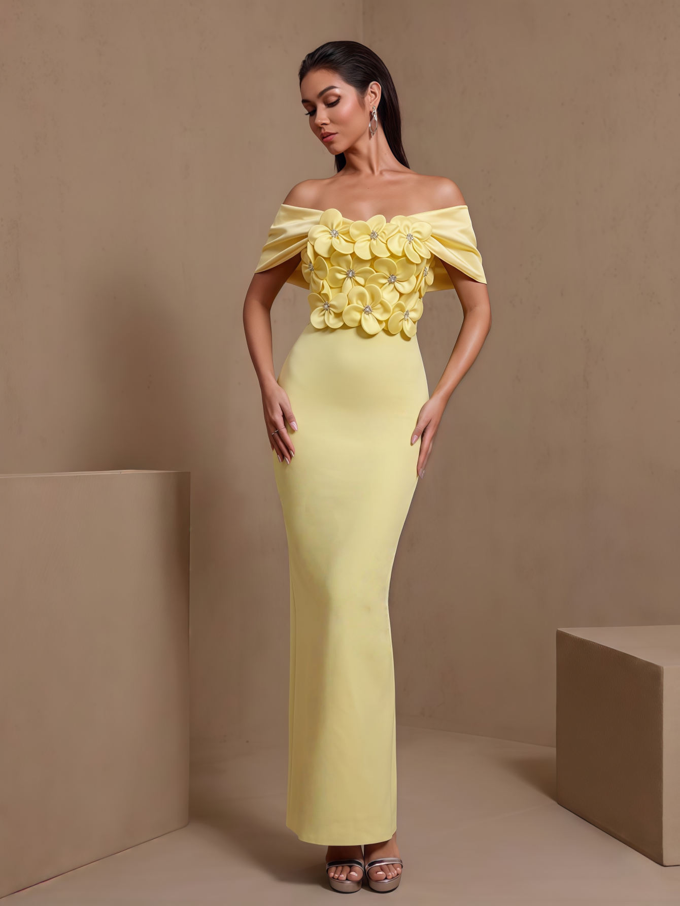Light Yellow pleated floral off-shoulder bandage maxi dress, full-length front view