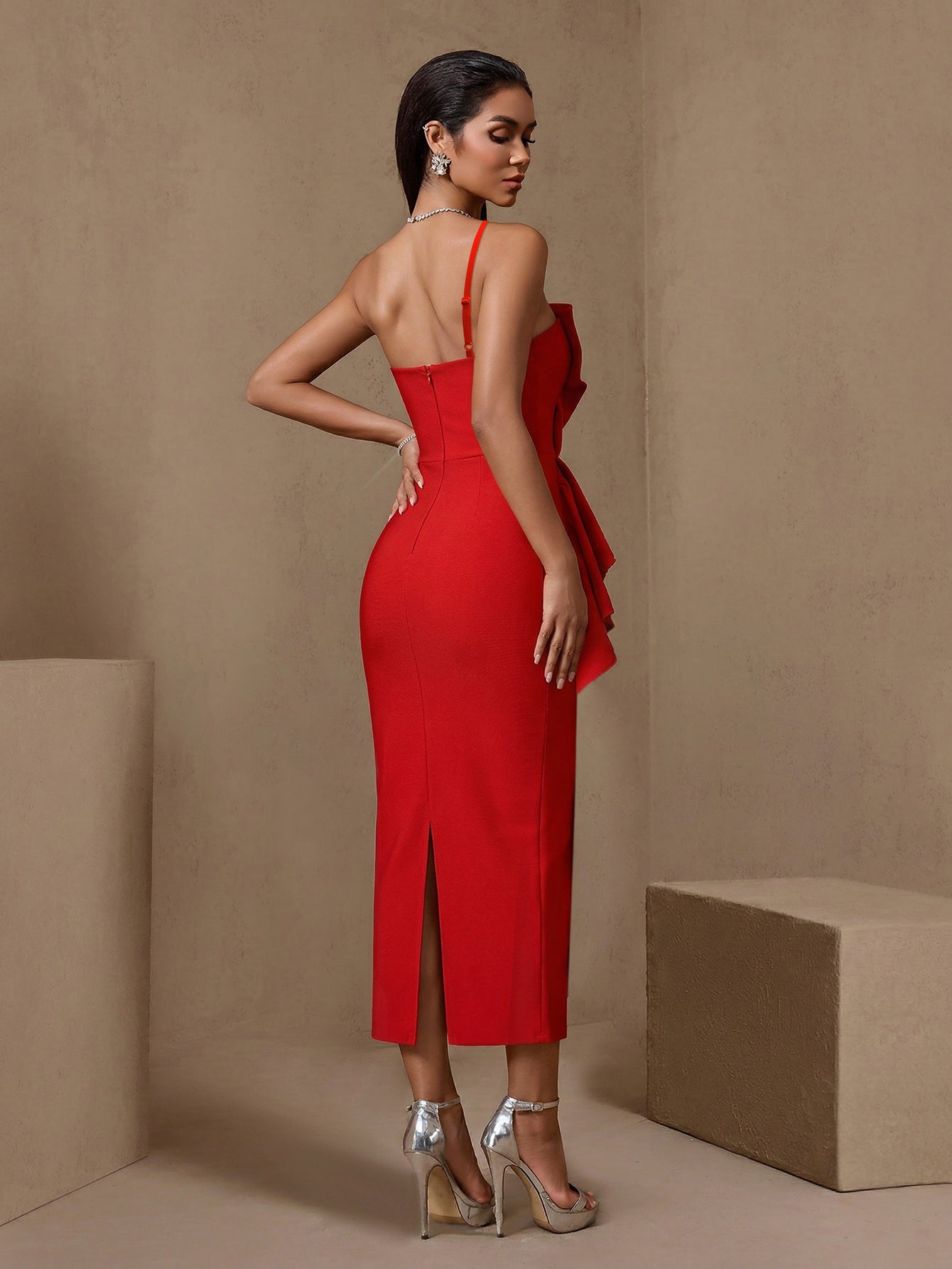 Red pleated floral one-shoulder bandage midi dress, back view