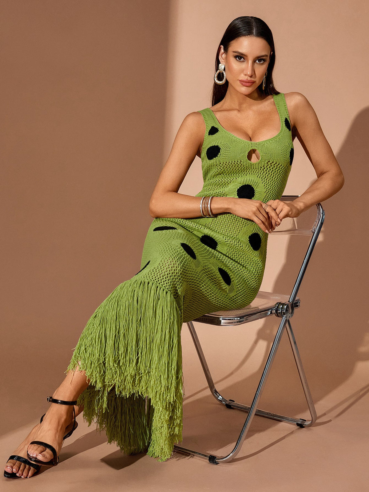 Polka-Dot Cutout Fringe Knit Maxi Dress, three-quarter view