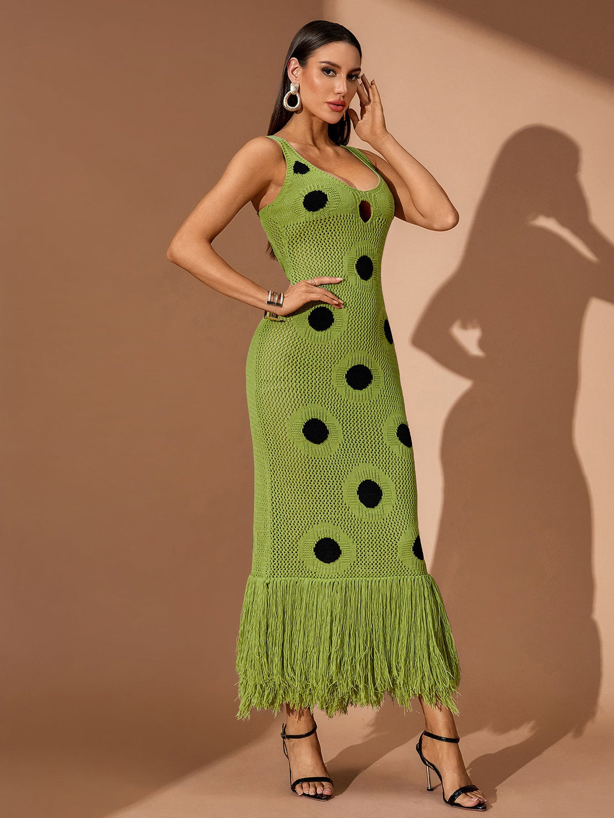 Polka-Dot Cutout Fringe Knit Maxi Dress, side view