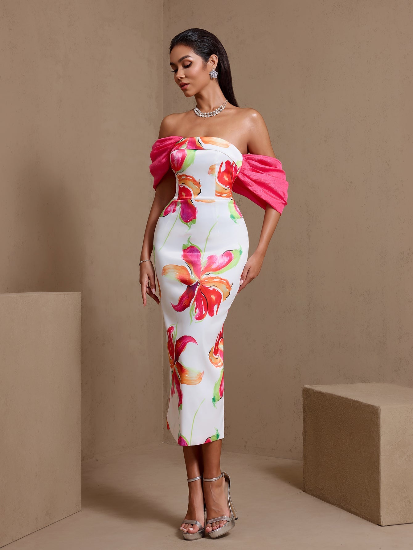 Rose Red printed off-shoulder satin midi dress, full-length front view