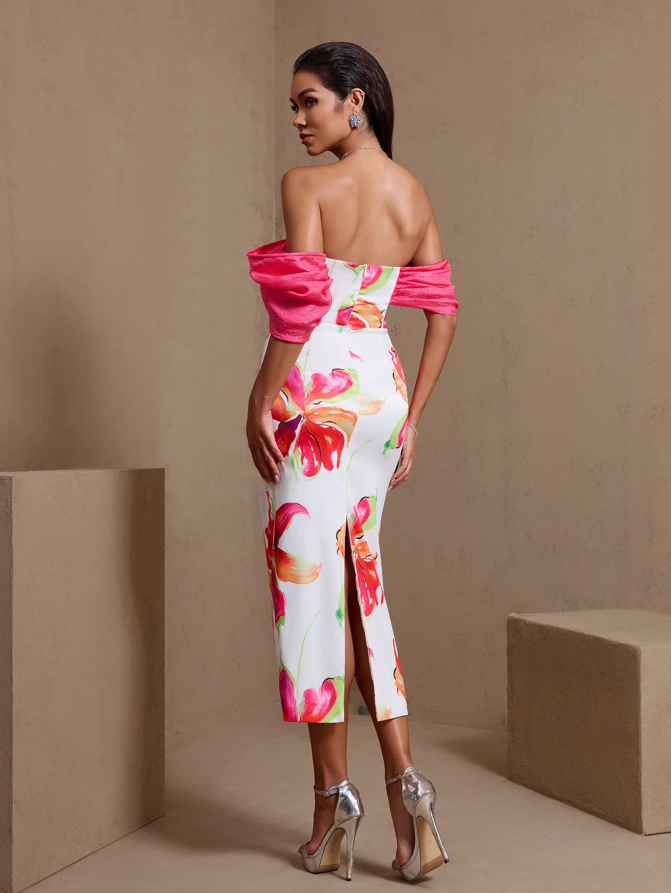 Rose Red printed off-shoulder satin midi dress, rear view