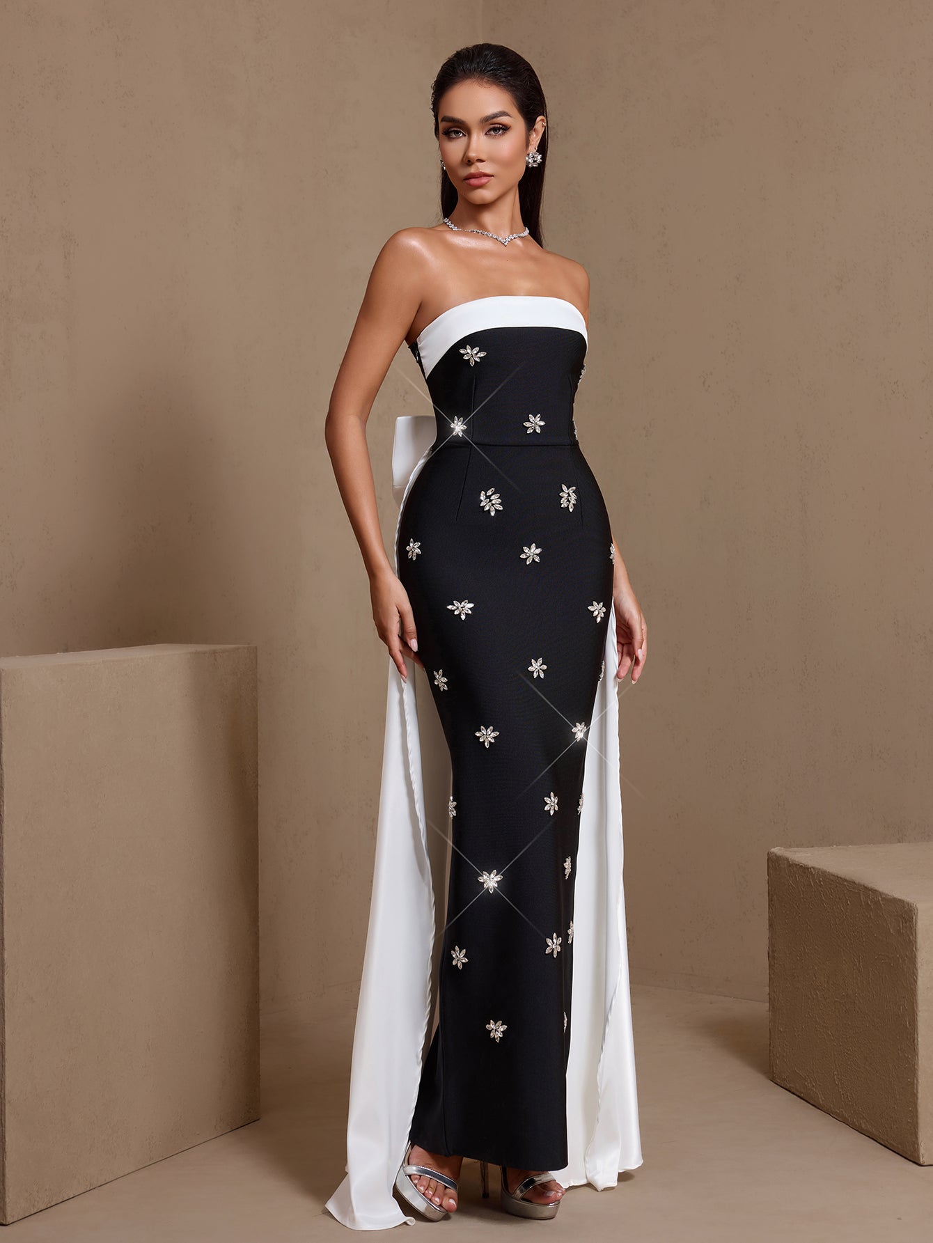 Black rhinestone bow sash strapless bandage maxi dress, side view