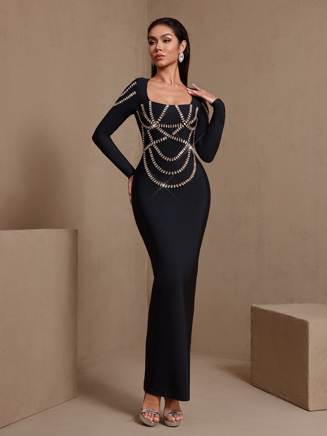 Black rhinestone chain square-neck bandage maxi dress, angled front view