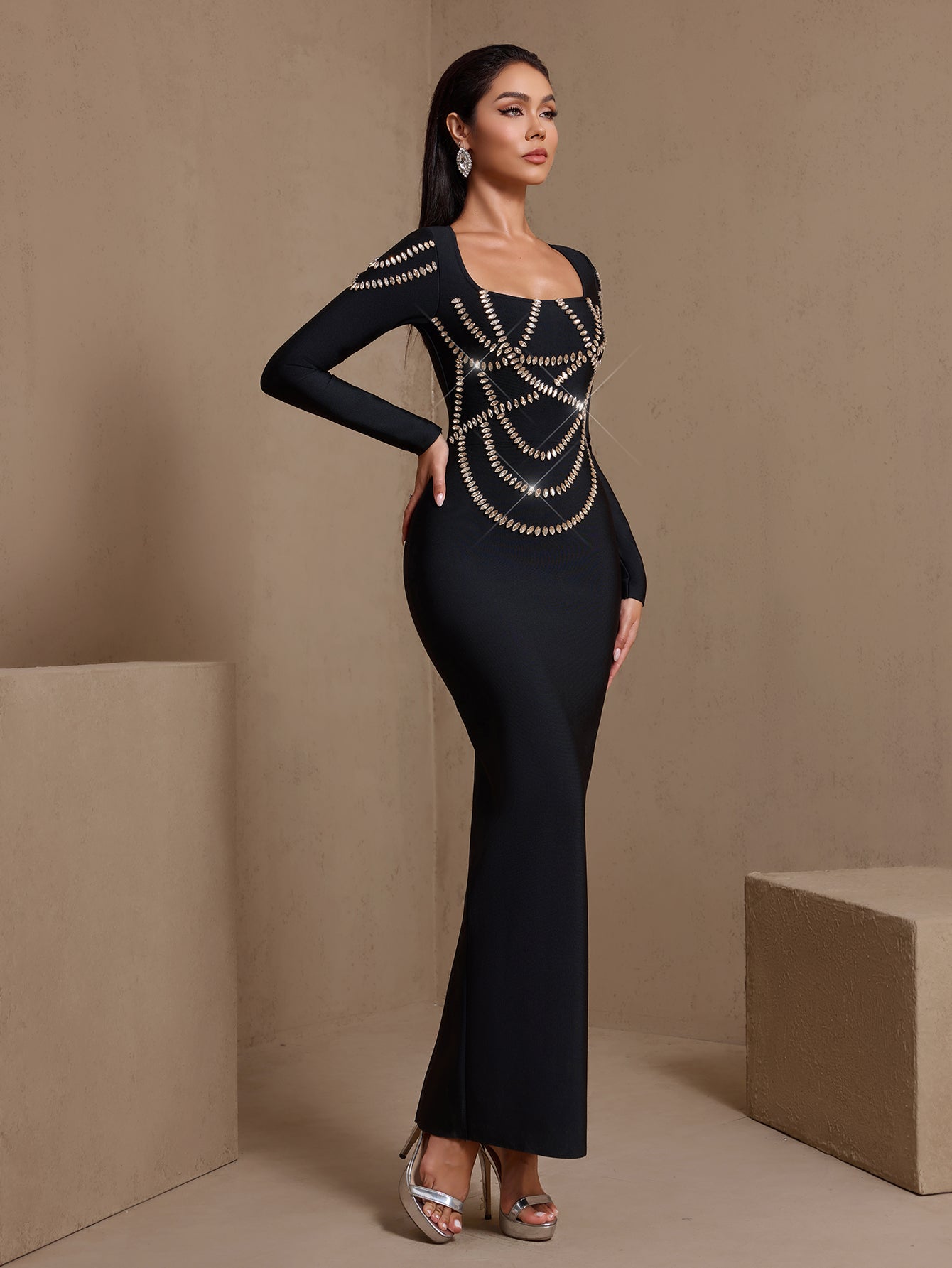 Black rhinestone chain square-neck bandage maxi dress, side view